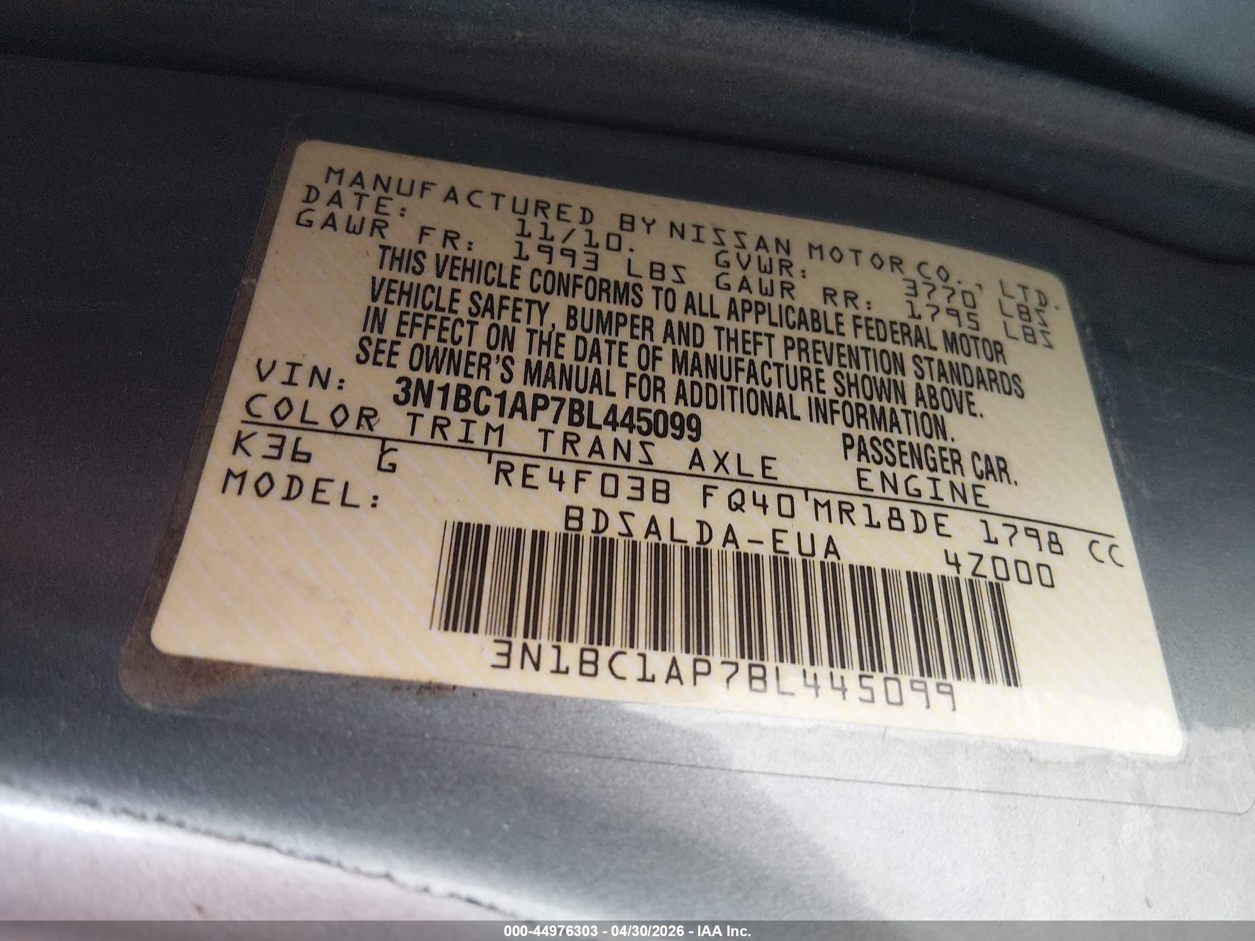 2011 Nissan Versa 1.8s Gray vin: 3N1BC1AP7BL445099