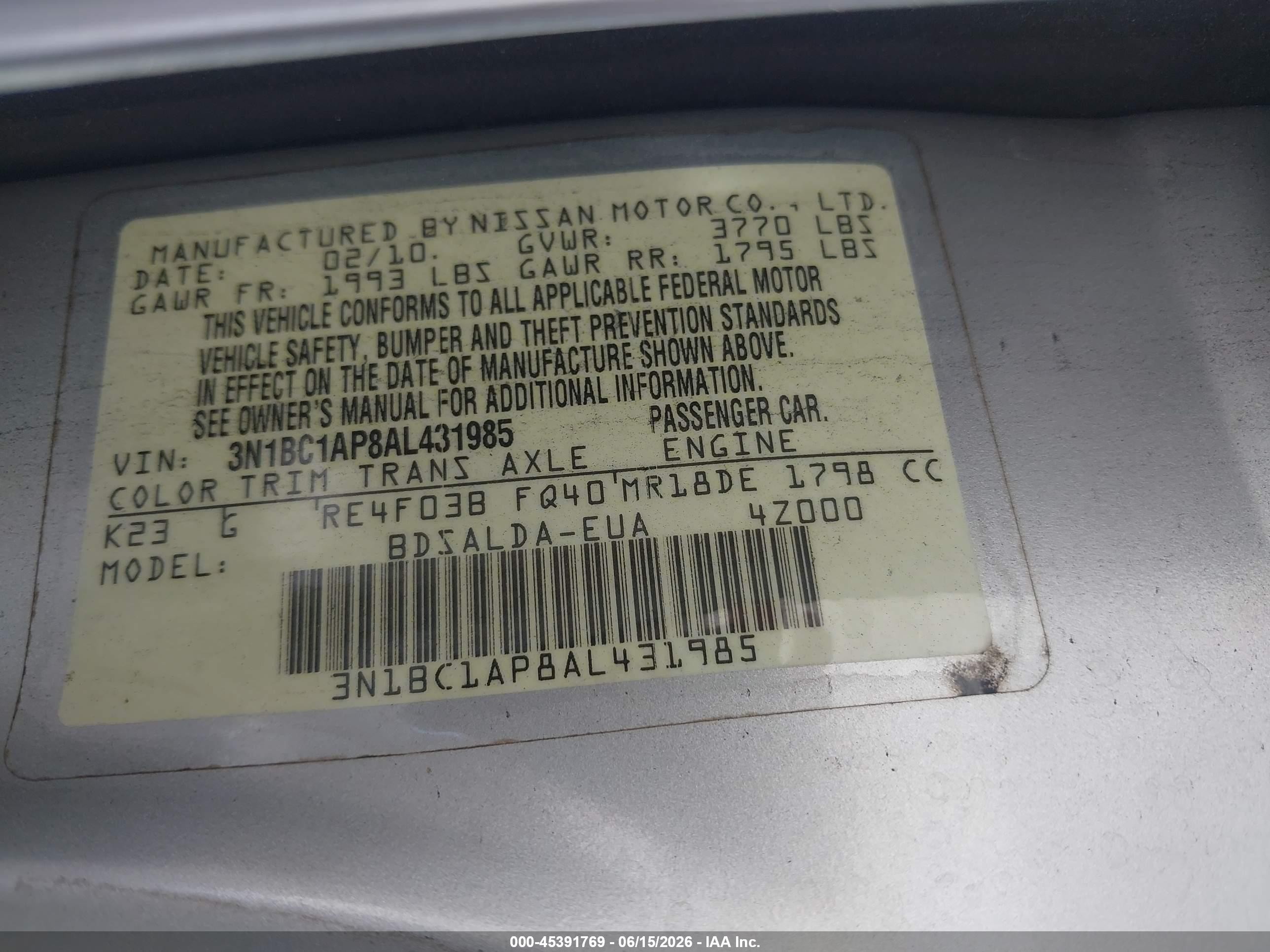 2010 Nissan Versa 1.8s Silver vin: 3N1BC1AP8AL431985