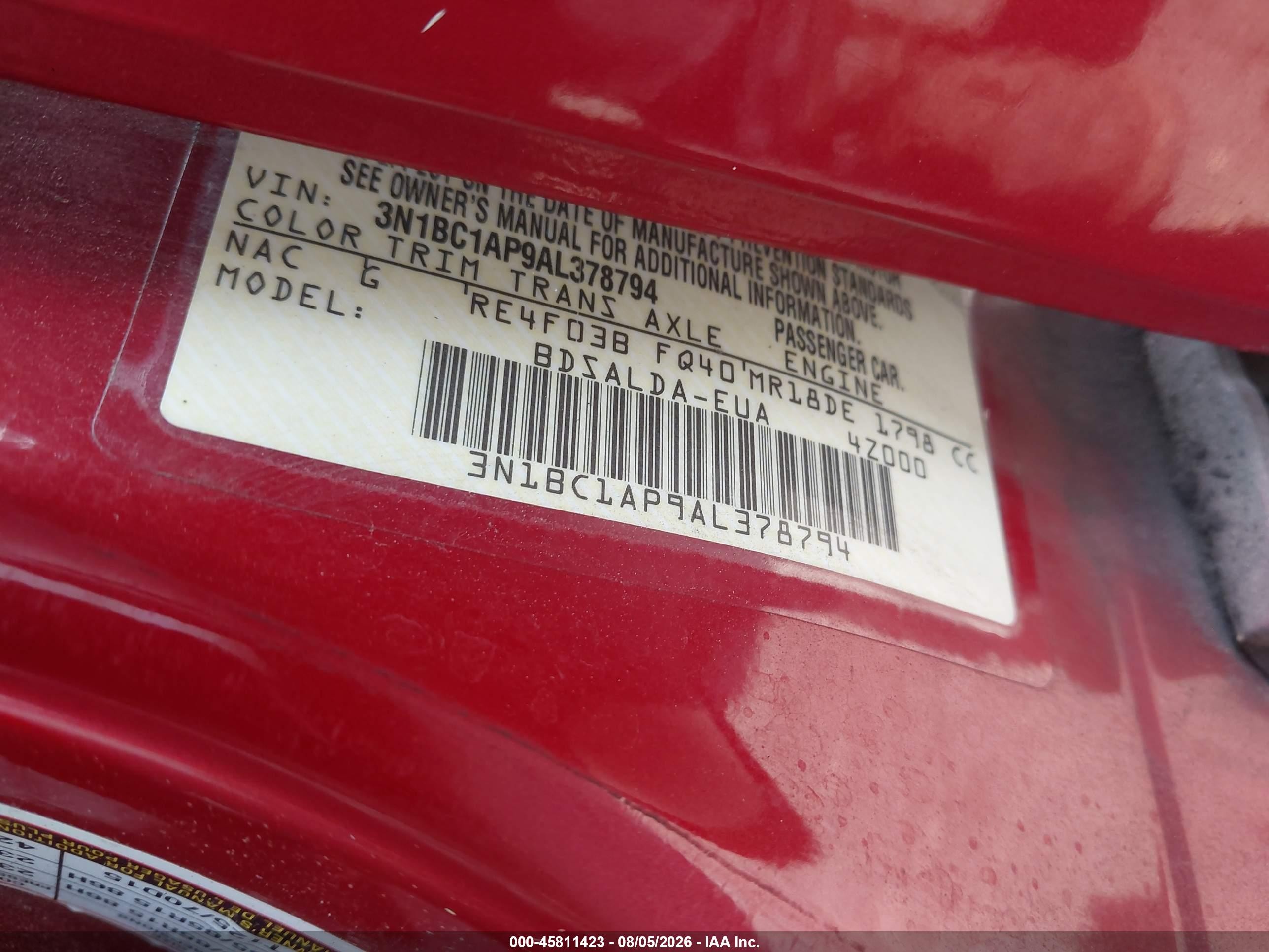 2010 Nissan Versa 1.8s Red vin: 3N1BC1AP9AL378794