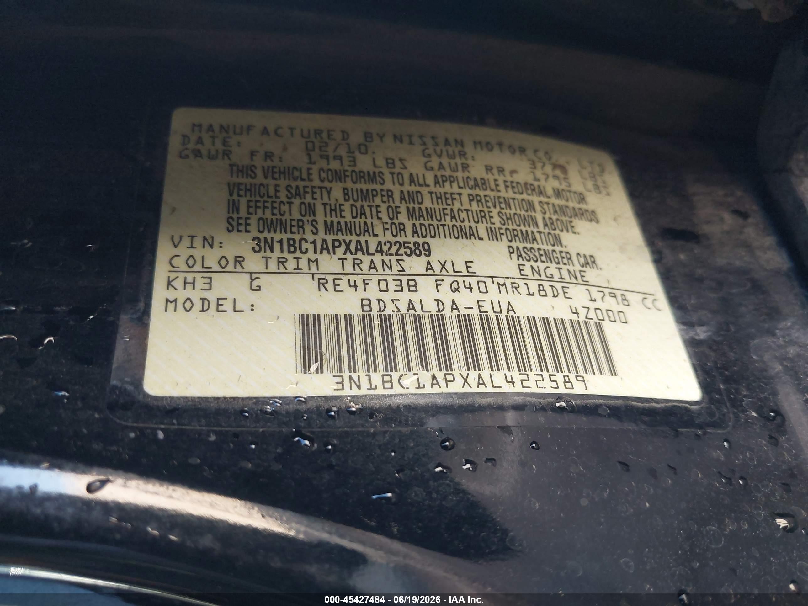 2010 Nissan Versa 1.8s Black vin: 3N1BC1APXAL422589
