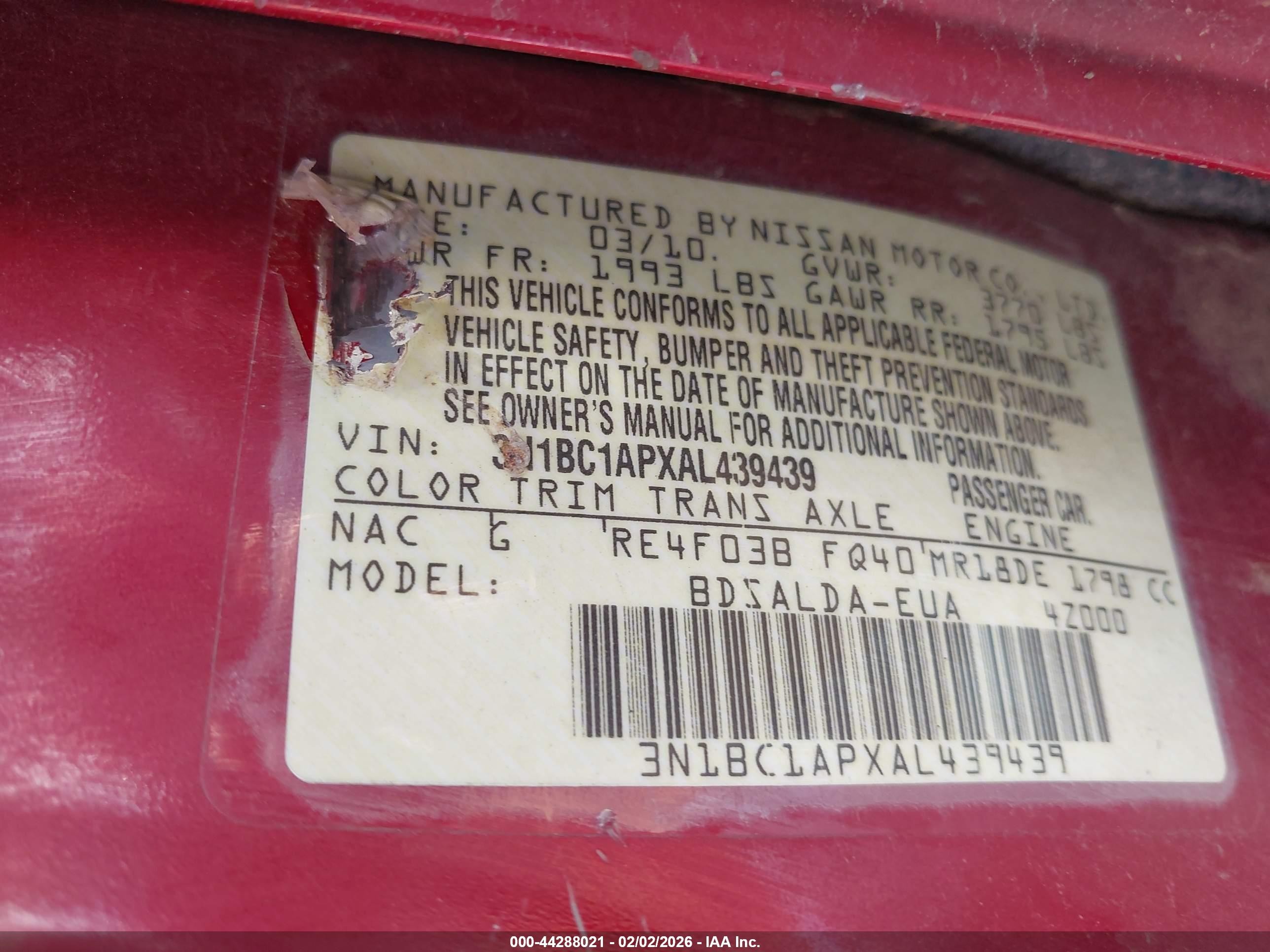 2010 Nissan Versa 1.8s Темно-бордовый vin: 3N1BC1APXAL439439