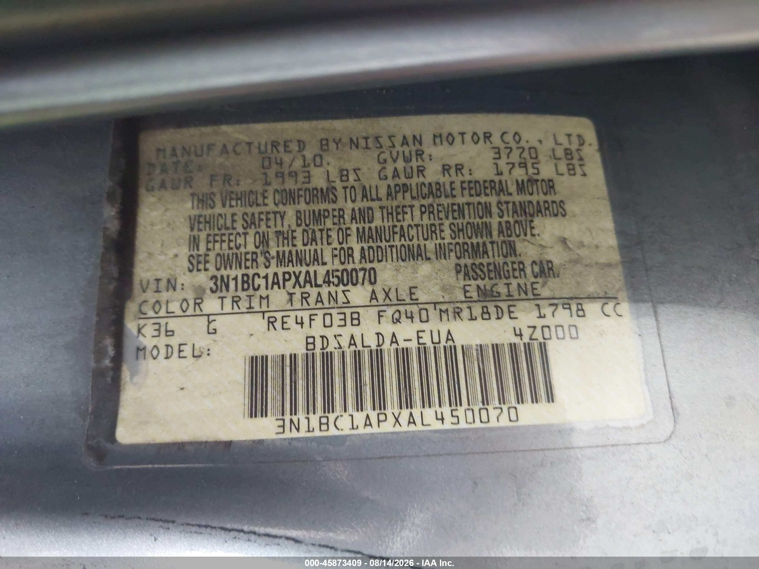 2010 Nissan Versa 1.8s Silver vin: 3N1BC1APXAL450070