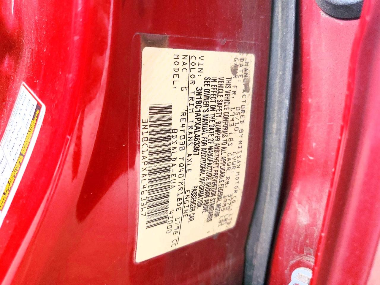 2010 Nissan Versa 1.8 S Red vin: 3N1BC1APXAL463367