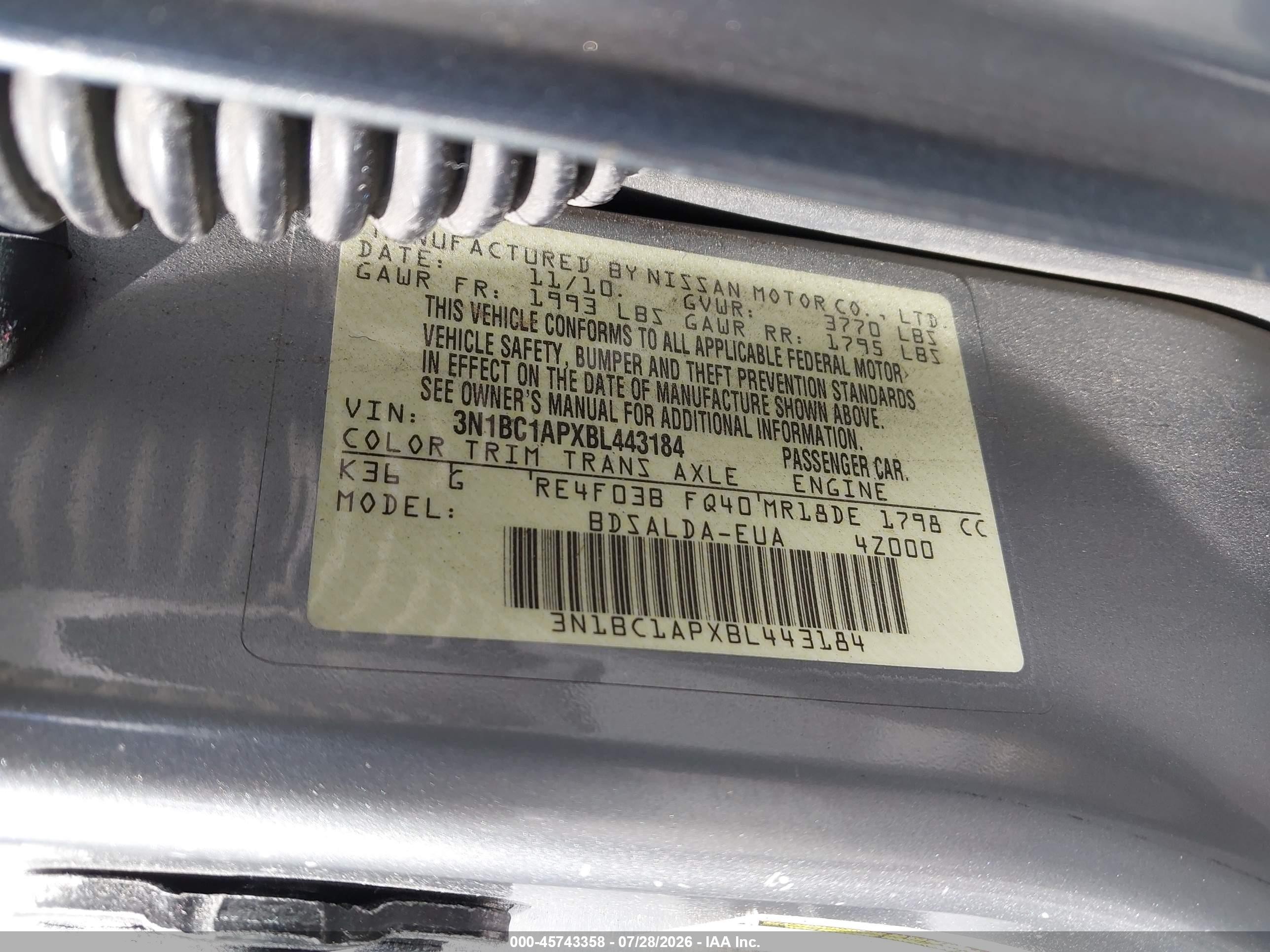 2011 Nissan Versa 1.8s Gray vin: 3N1BC1APXBL443184
