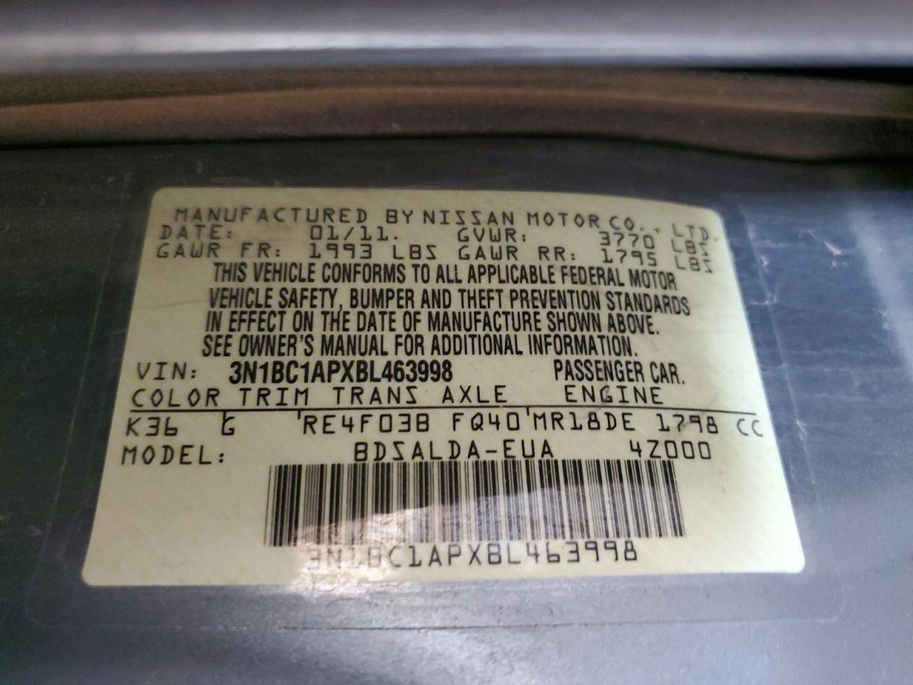 2011 Nissan Versa 1.8 S Gray vin: 3N1BC1APXBL463998