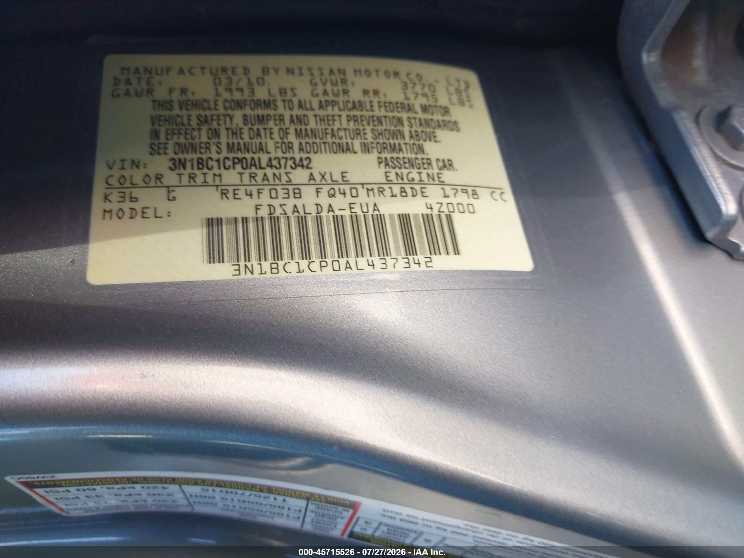 2010 Nissan Versa 1.8s Серебряный vin: 3N1BC1CP0AL437342