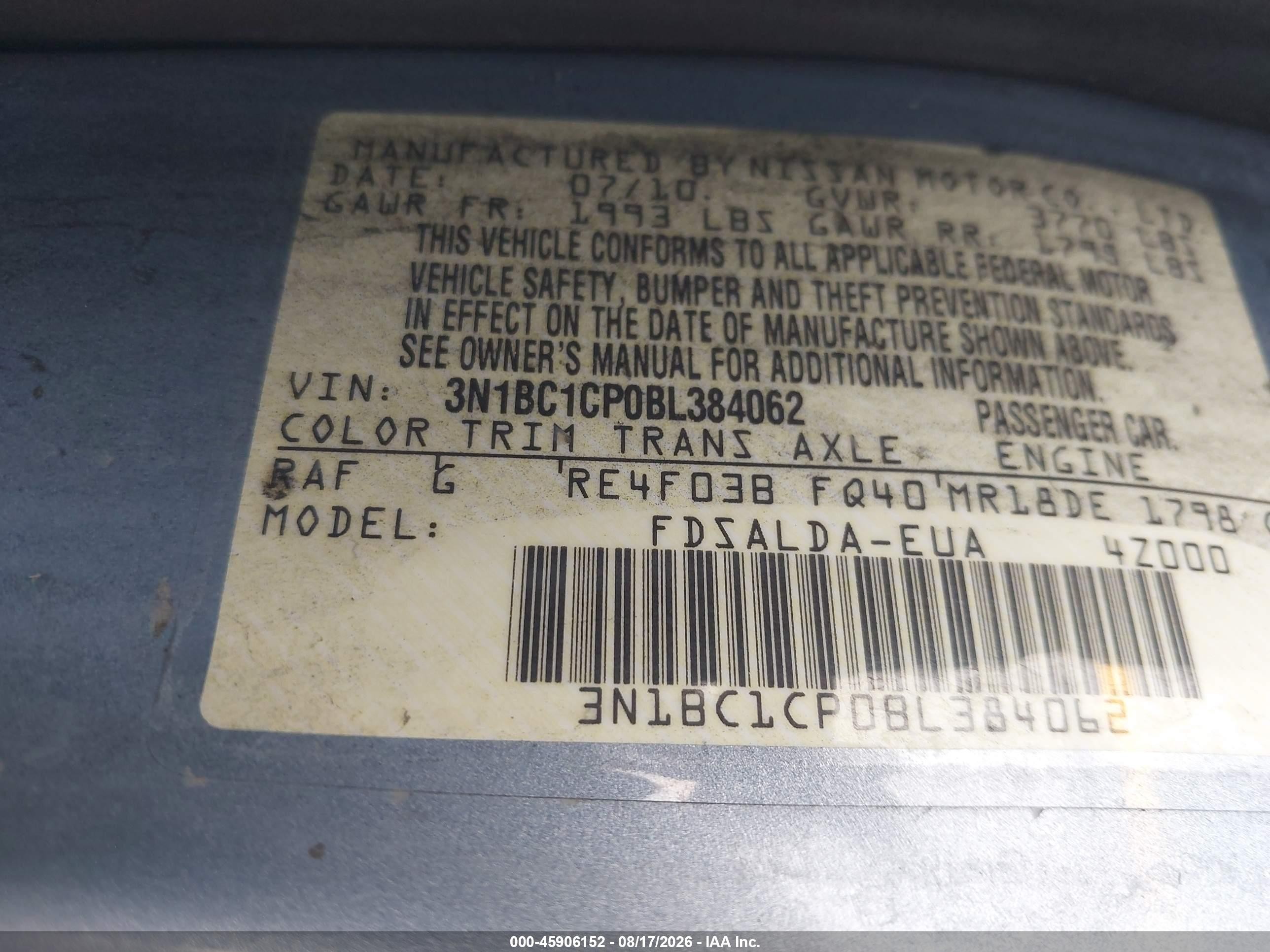 2011 Nissan Versa 1.8s Blue vin: 3N1BC1CP0BL384062