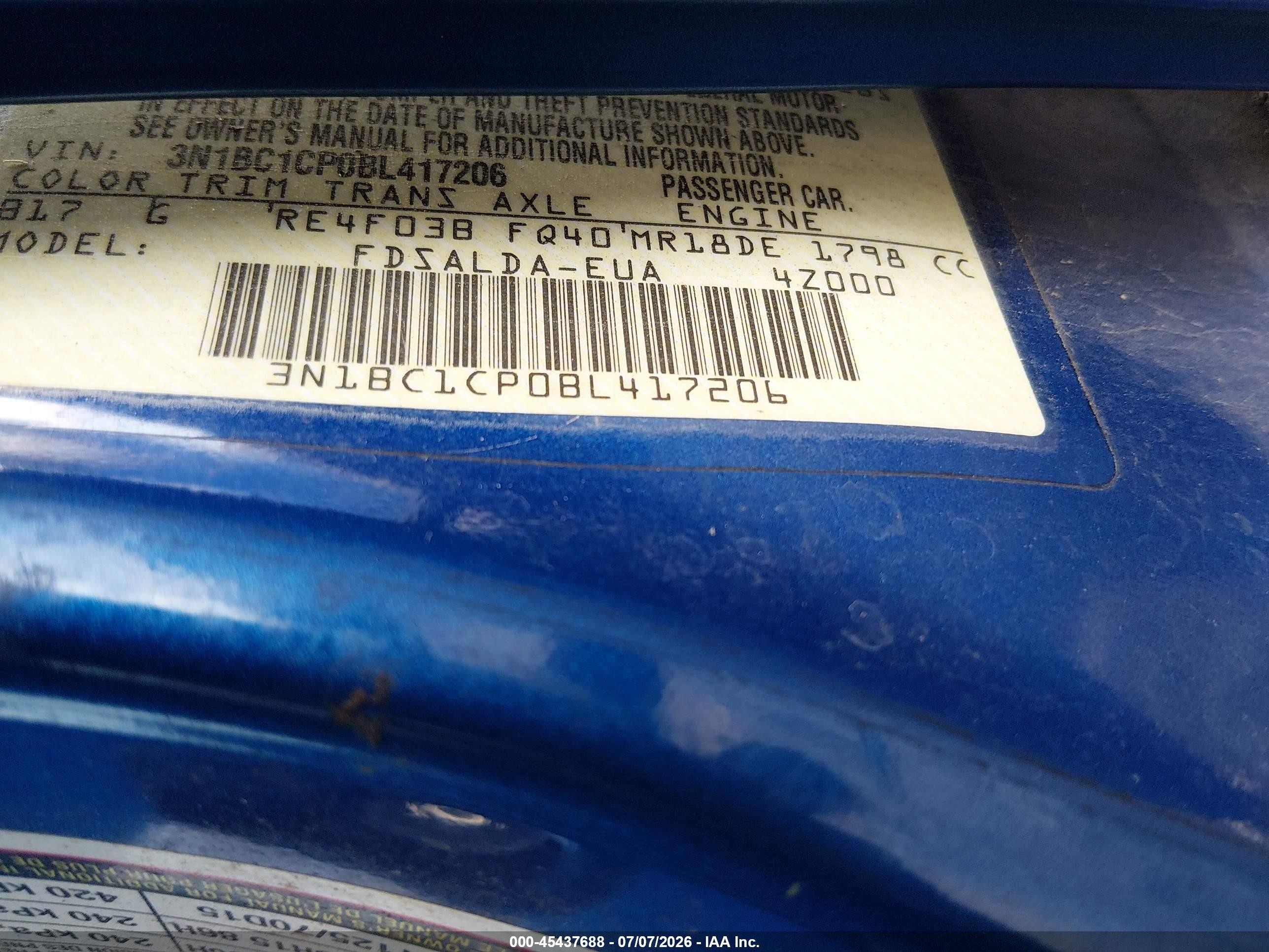 2011 Nissan Versa 1.8s Blue vin: 3N1BC1CP0BL417206