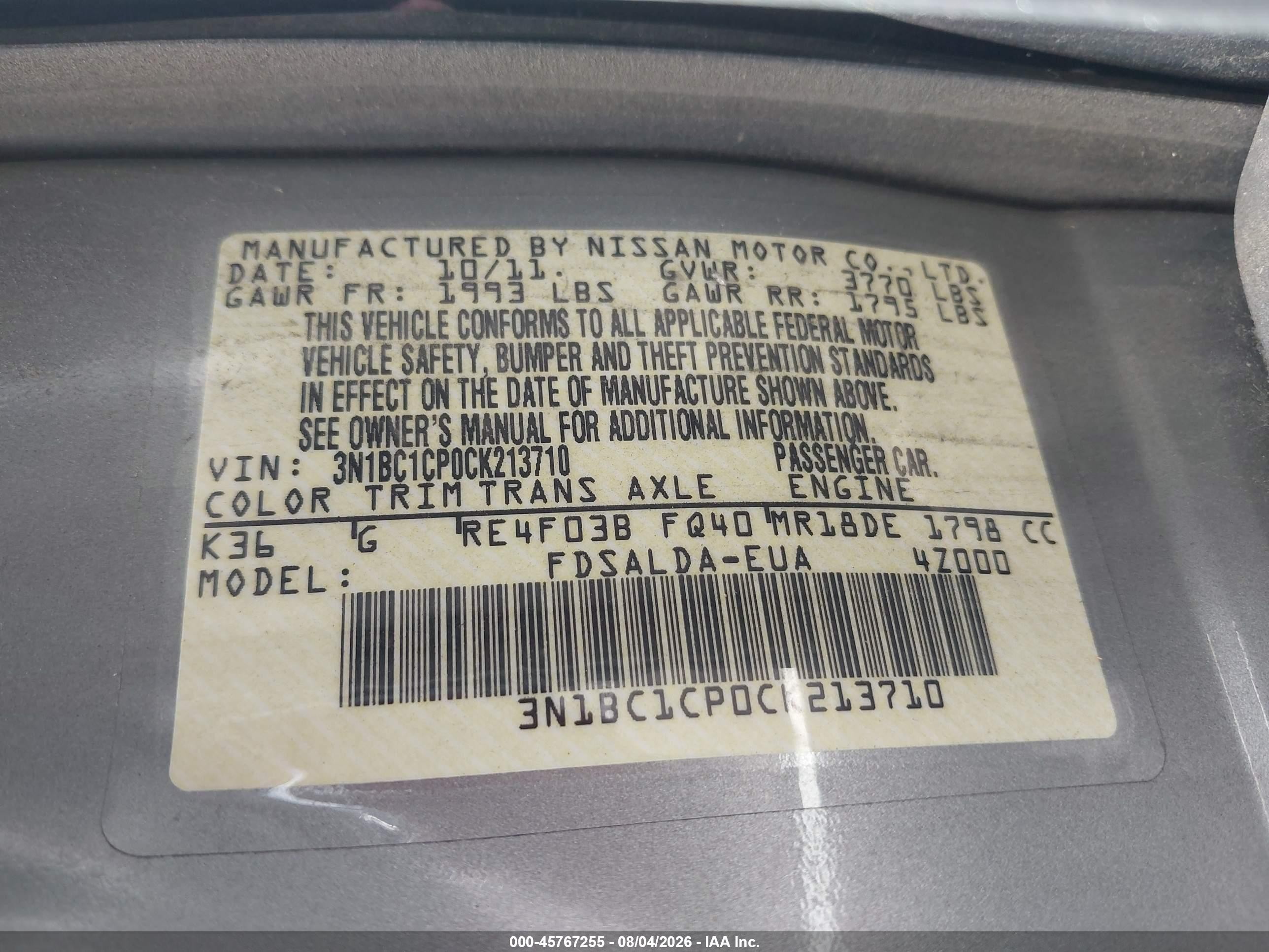 2012 Nissan Versa 1.8 S Silver vin: 3N1BC1CP0CK213710