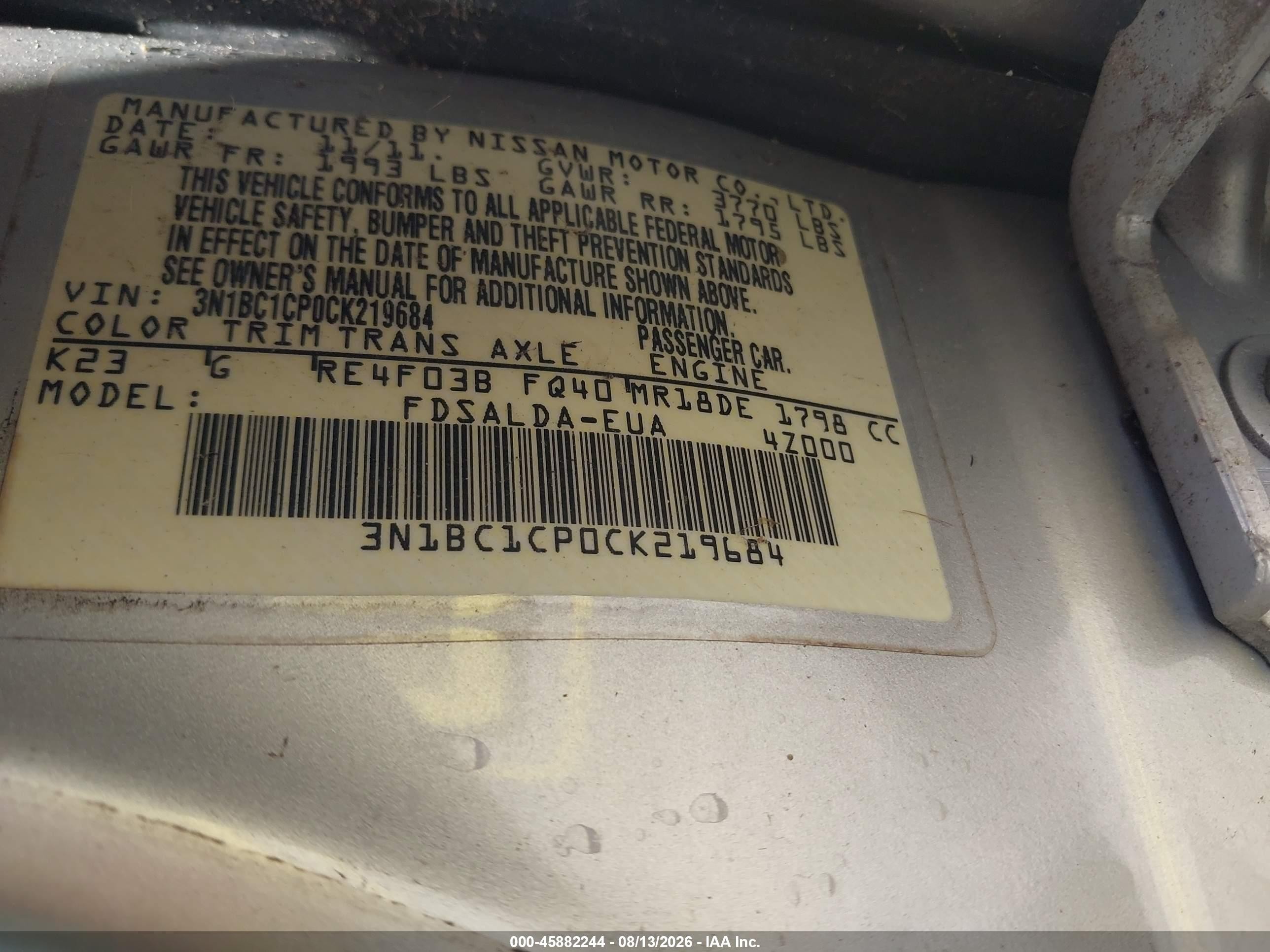 2012 Nissan Versa 1.8 S Silver vin: 3N1BC1CP0CK219684