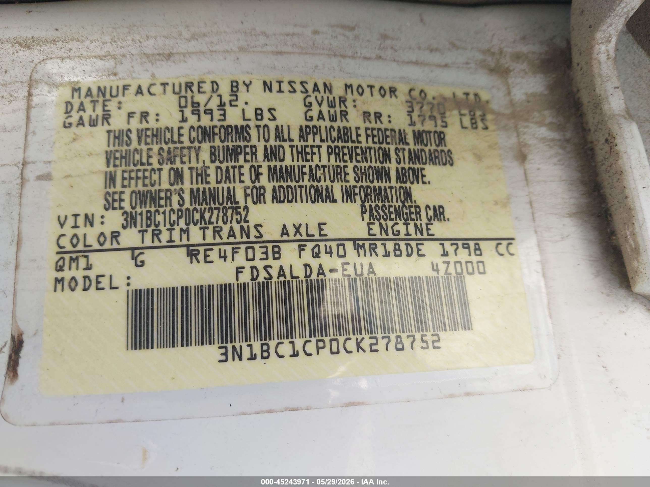 2012 Nissan Versa 1.8 S White vin: 3N1BC1CP0CK278752