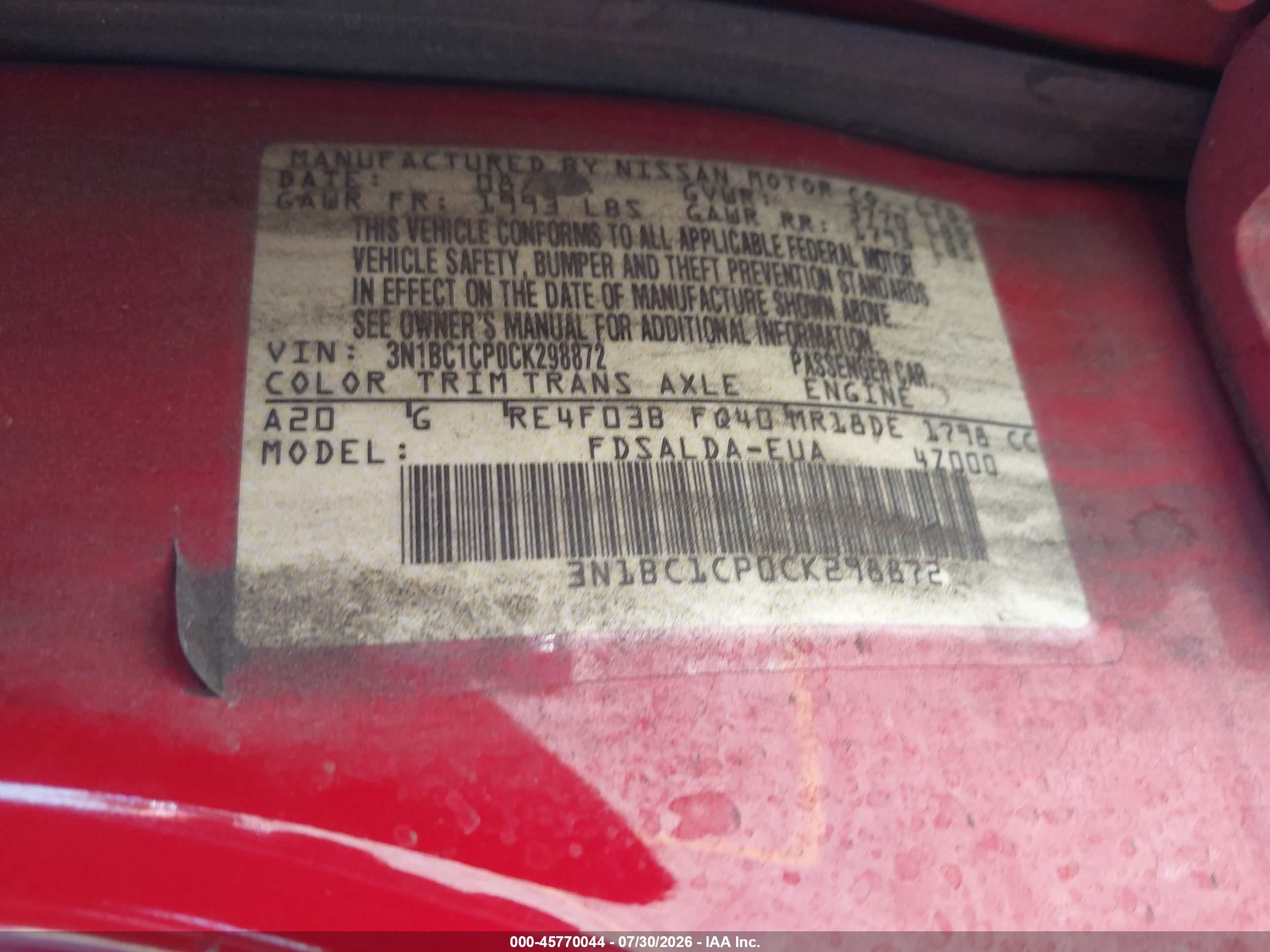 2012 Nissan Versa 1.8 S Red vin: 3N1BC1CP0CK298872