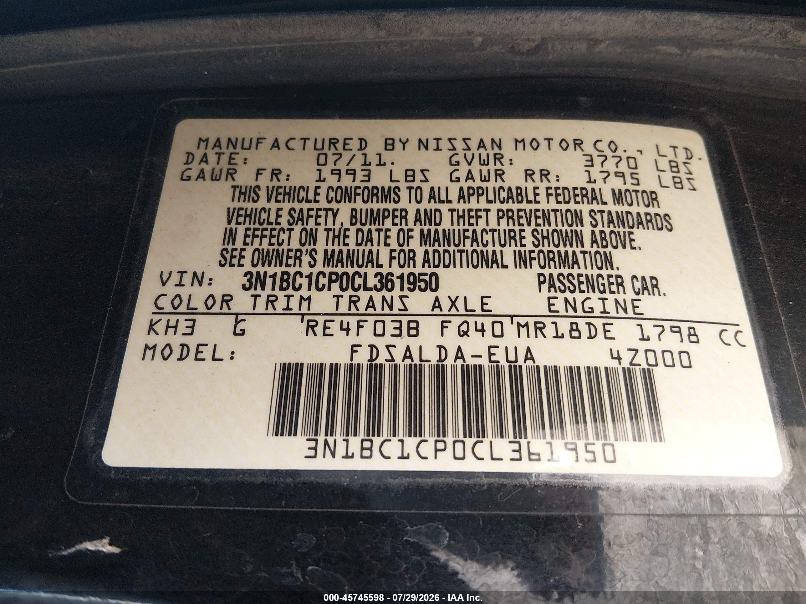 2012 Nissan Versa 1.8 S Black vin: 3N1BC1CP0CL361950