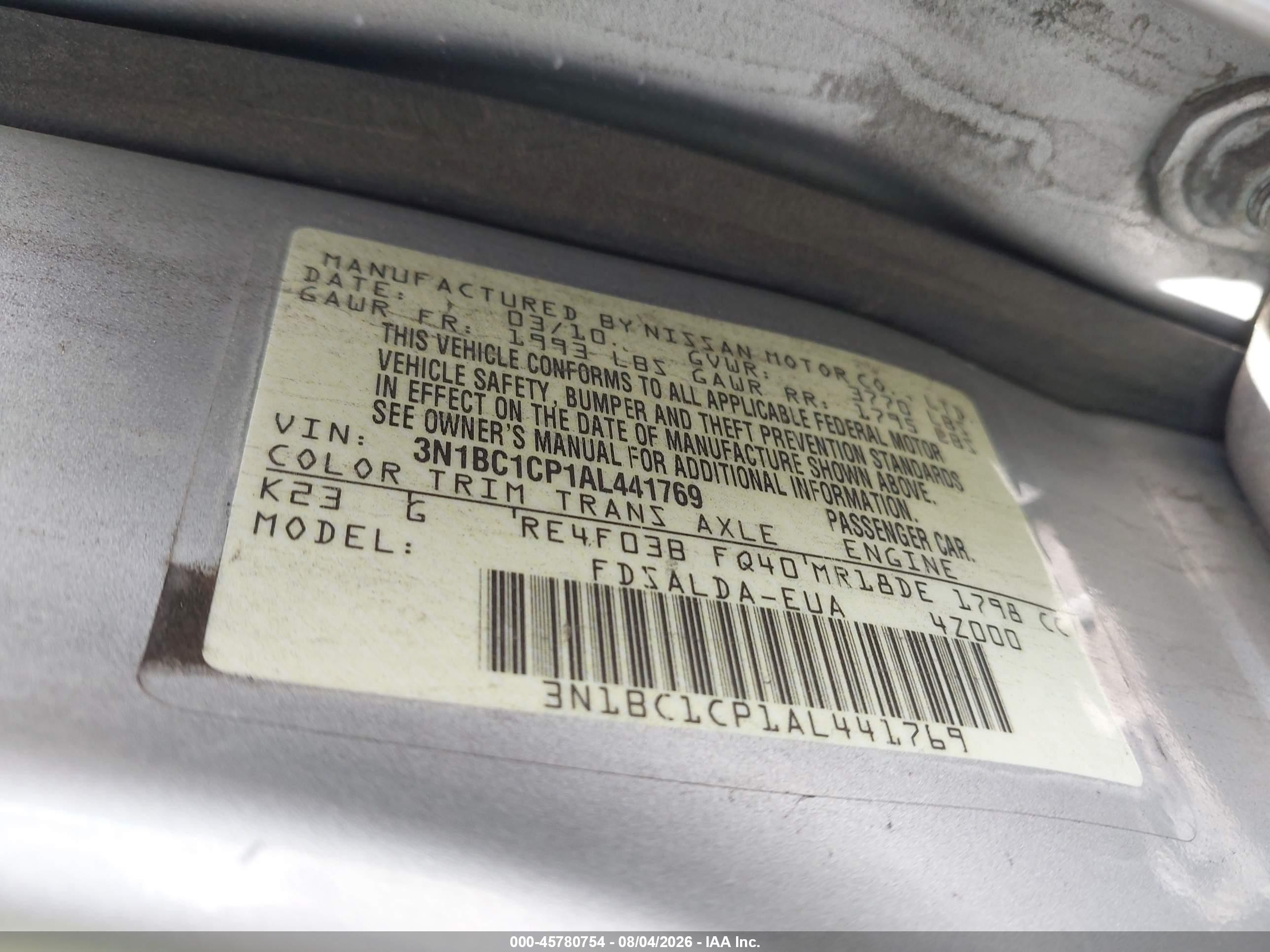2010 Nissan Versa 1.8s Silver vin: 3N1BC1CP1AL441769
