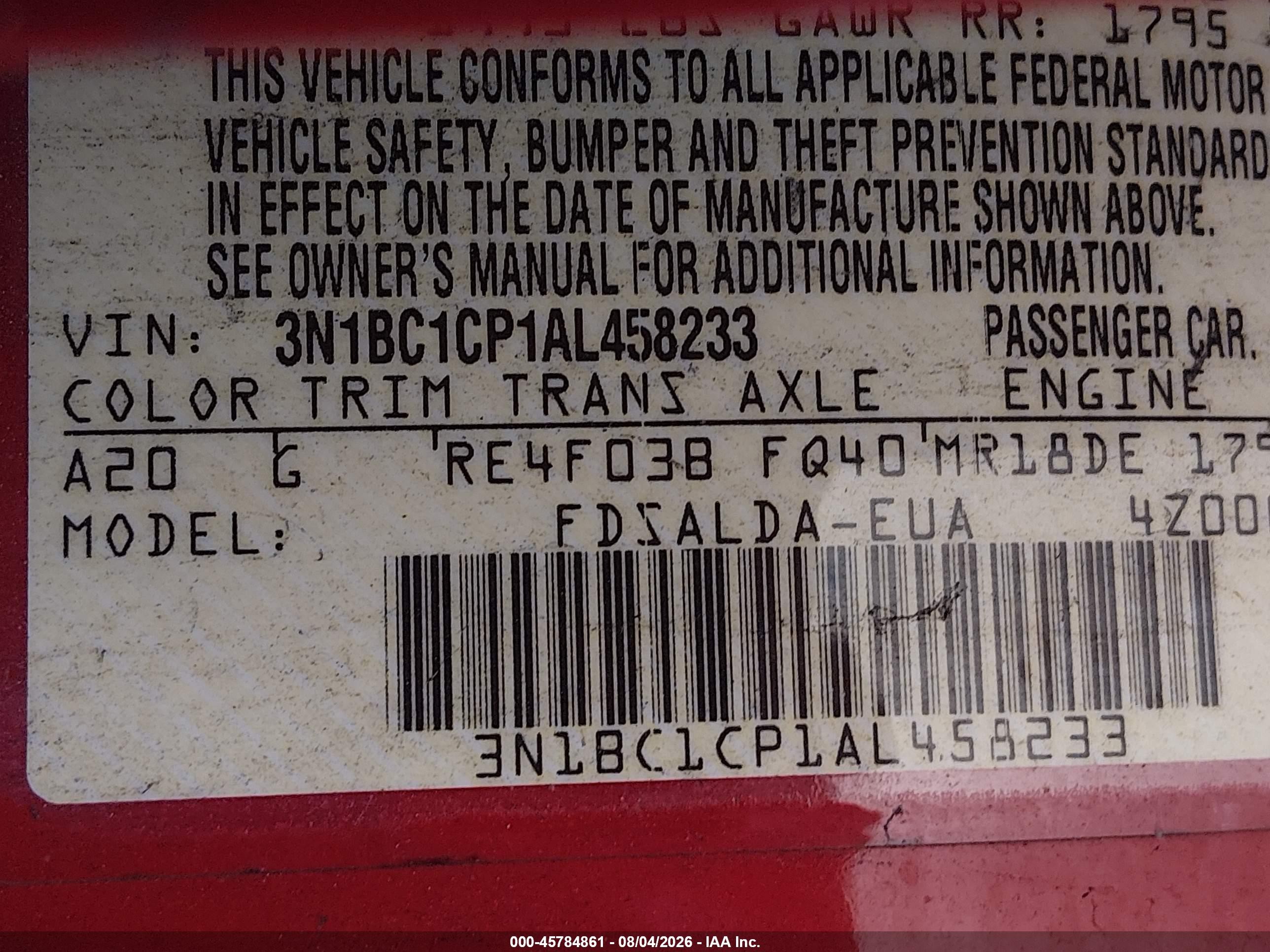 2010 Nissan Versa 1.8s Red vin: 3N1BC1CP1AL458233