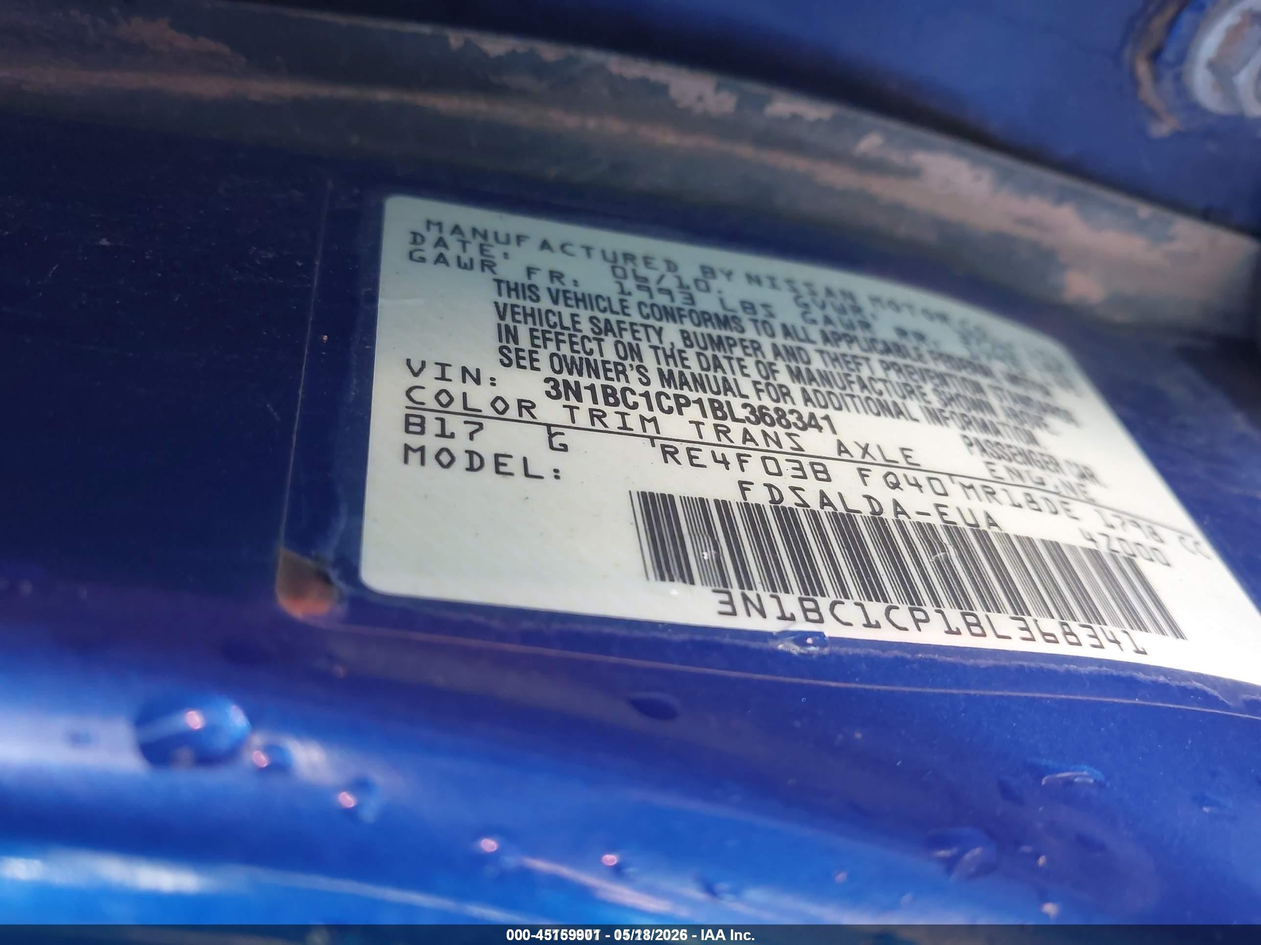 2011 Nissan Versa 1.8s Синий vin: 3N1BC1CP1BL368341