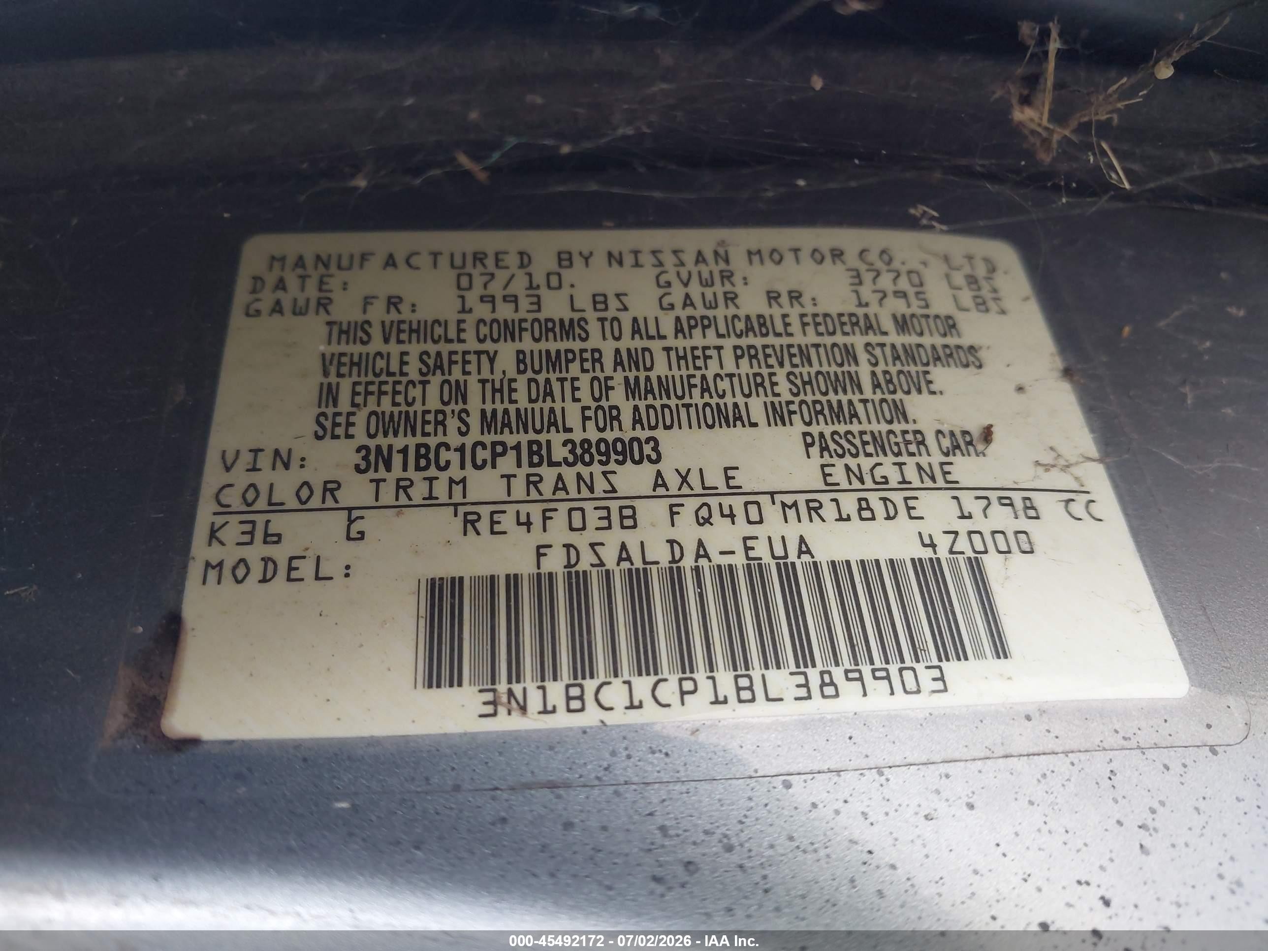 2011 Nissan Versa 1.8s Gray vin: 3N1BC1CP1BL389903