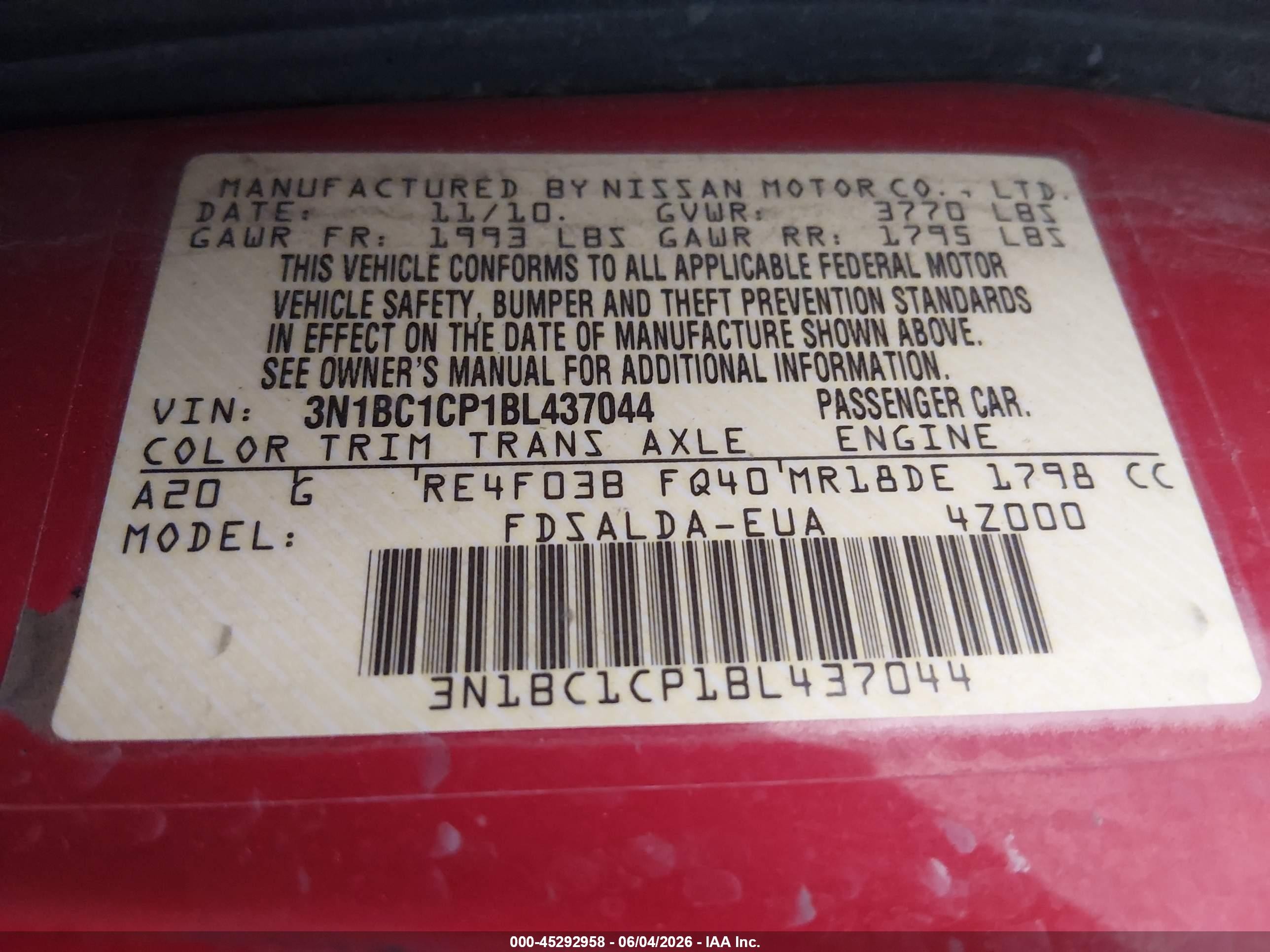 2011 Nissan Versa 1.8s Red vin: 3N1BC1CP1BL437044