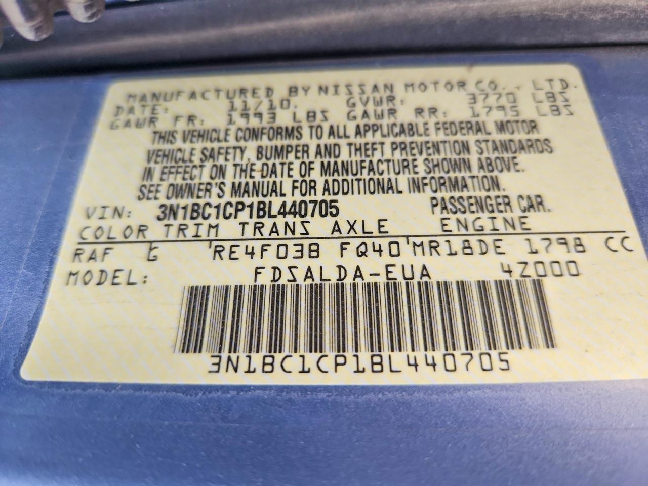 2011 Nissan Versa 1.8 S Blue vin: 3N1BC1CP1BL440705