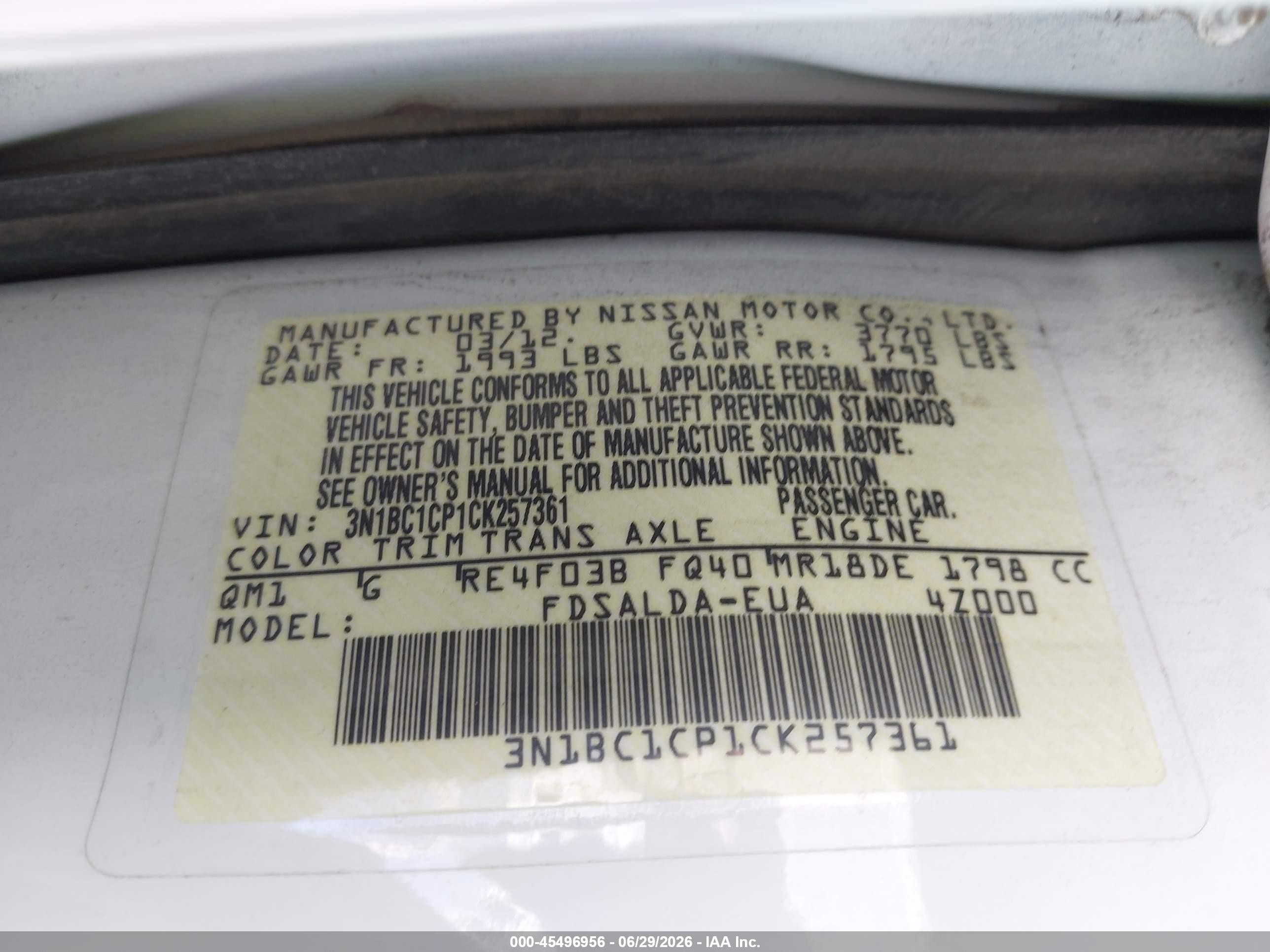 2012 Nissan Versa 1.8 S White vin: 3N1BC1CP1CK257361