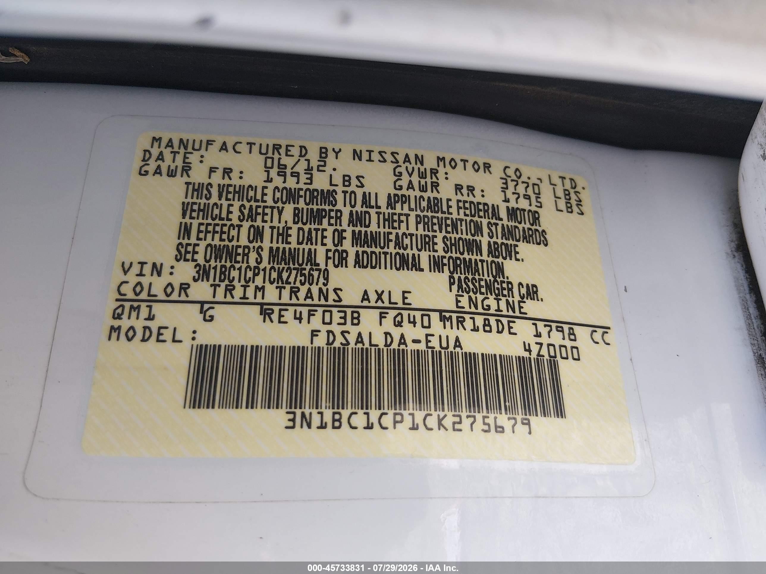 2012 Nissan Versa 1.8 S White vin: 3N1BC1CP1CK275679