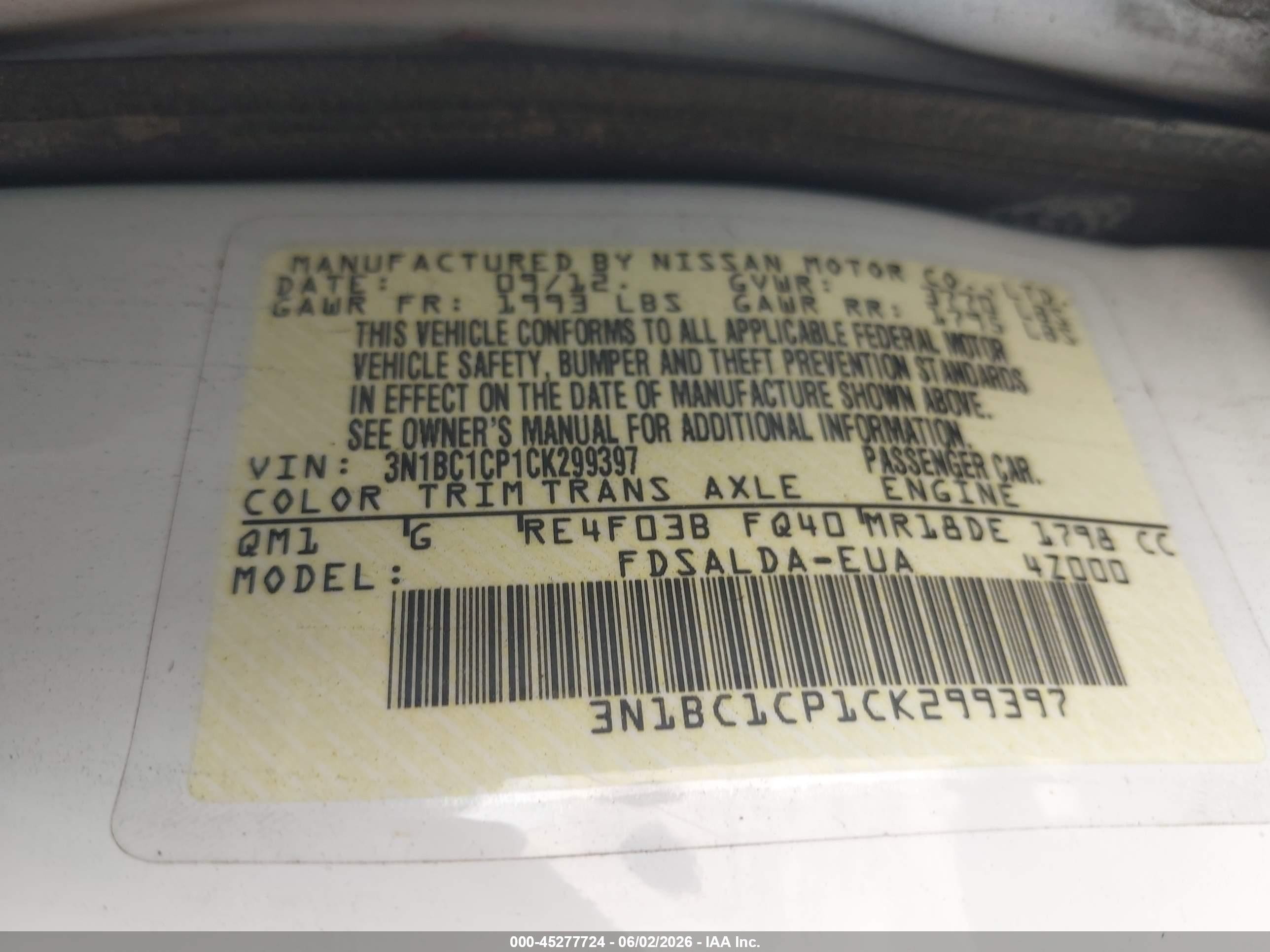 2012 Nissan Versa 1.8 S White vin: 3N1BC1CP1CK299397