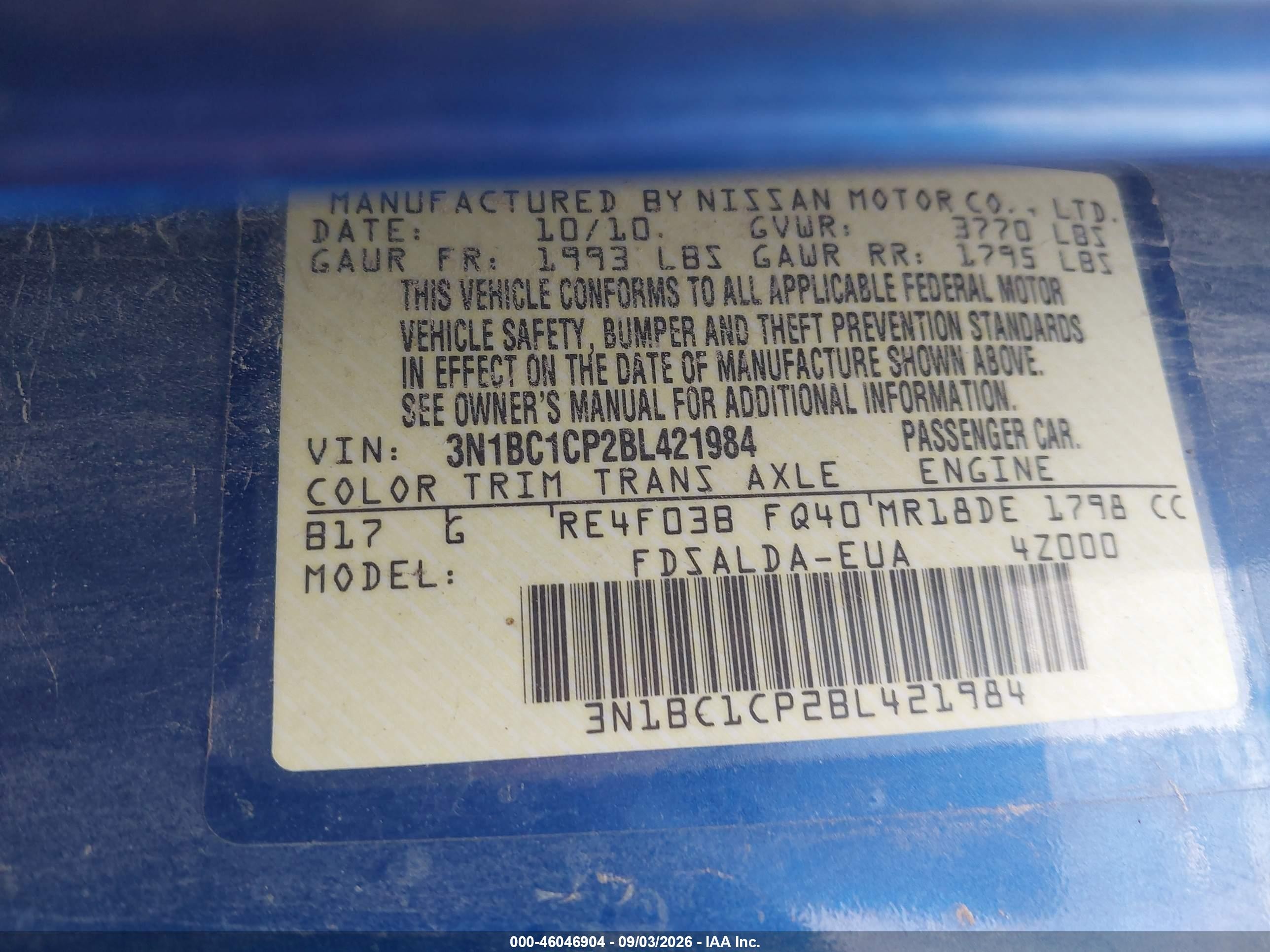 2011 Nissan Versa 1.8s Синий vin: 3N1BC1CP2BL421984