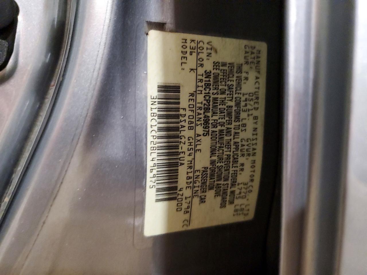 2011 Nissan Versa 1.8 S Gray vin: 3N1BC1CP2BL496975