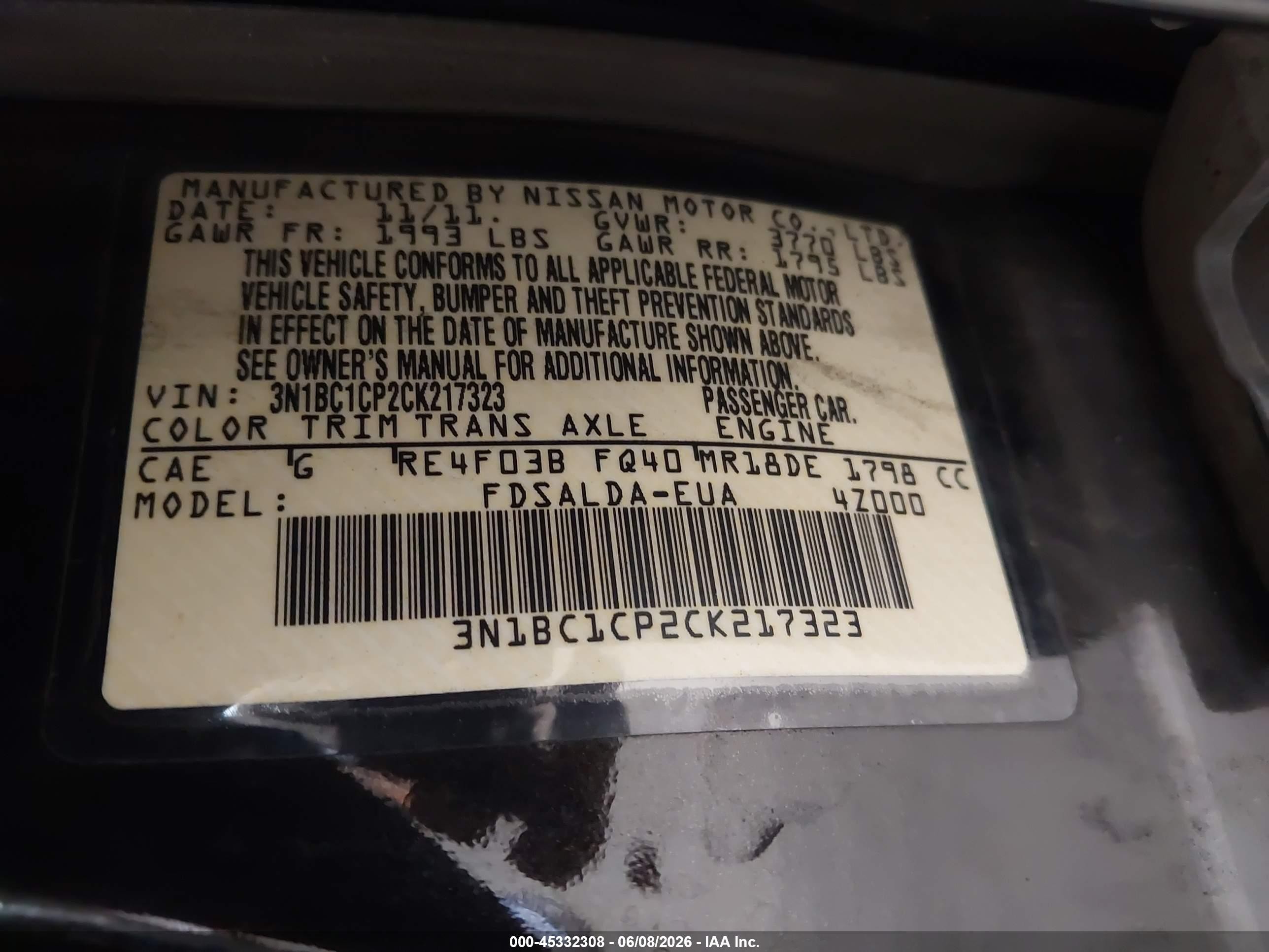 2012 Nissan Versa 1.8 S Black vin: 3N1BC1CP2CK217323