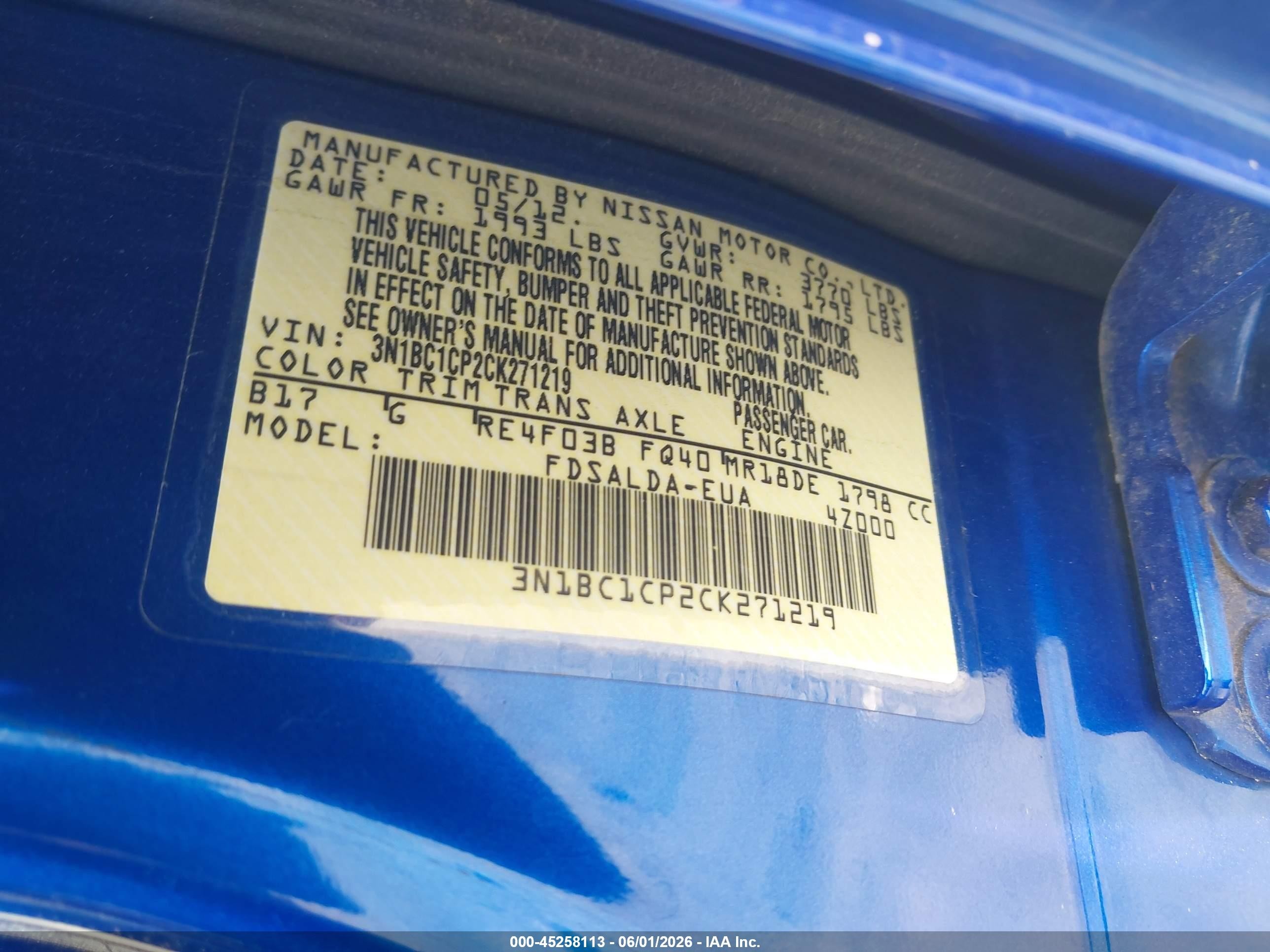 2012 Nissan Versa 1.8 S Синий vin: 3N1BC1CP2CK271219