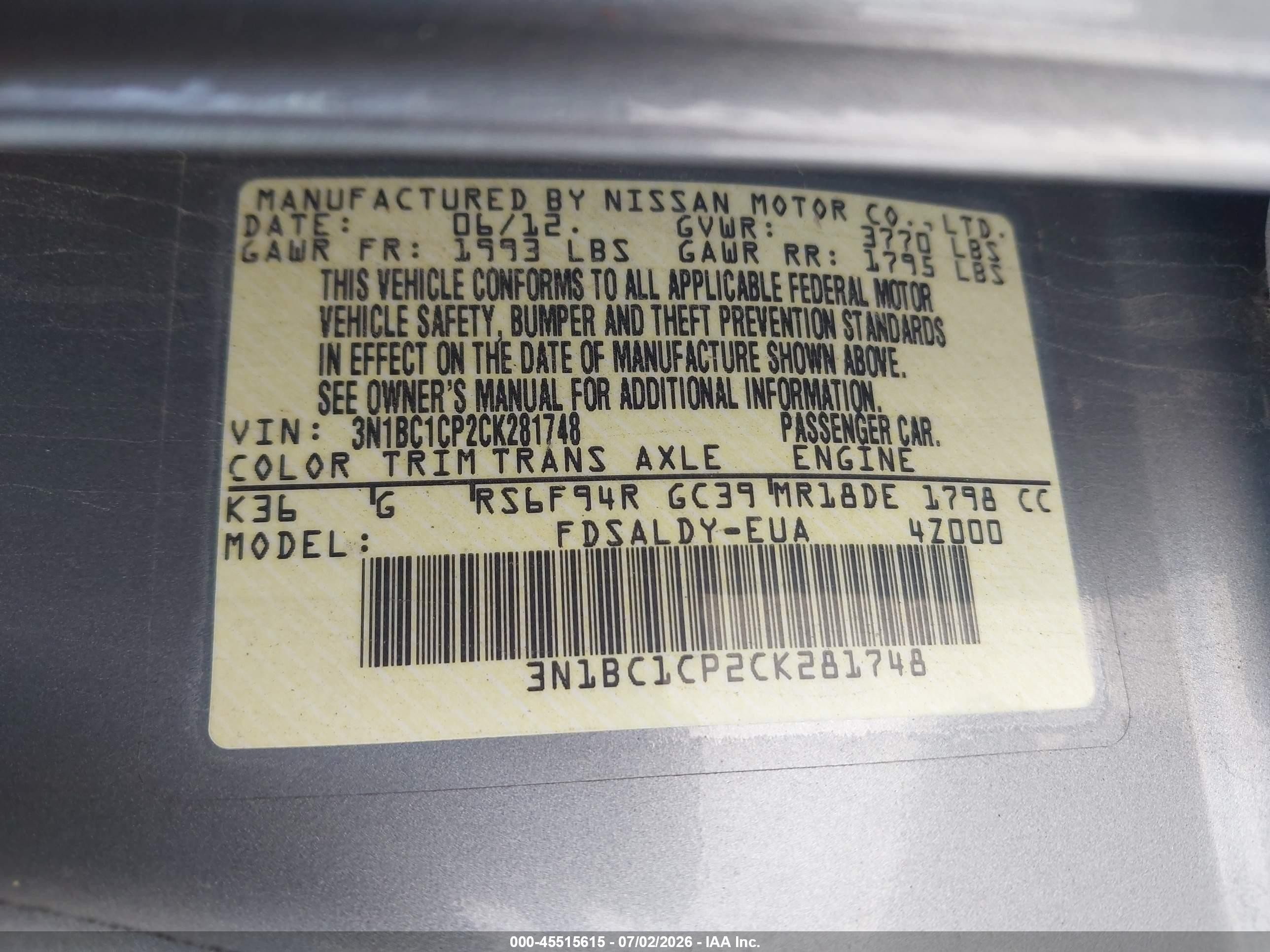 2012 Nissan Versa 1.8 S Gray vin: 3N1BC1CP2CK281748