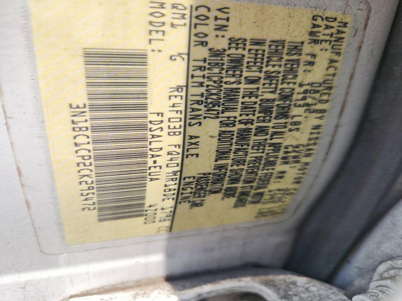 2012 Nissan Versa 1.8 S White vin: 3N1BC1CP2CK295472
