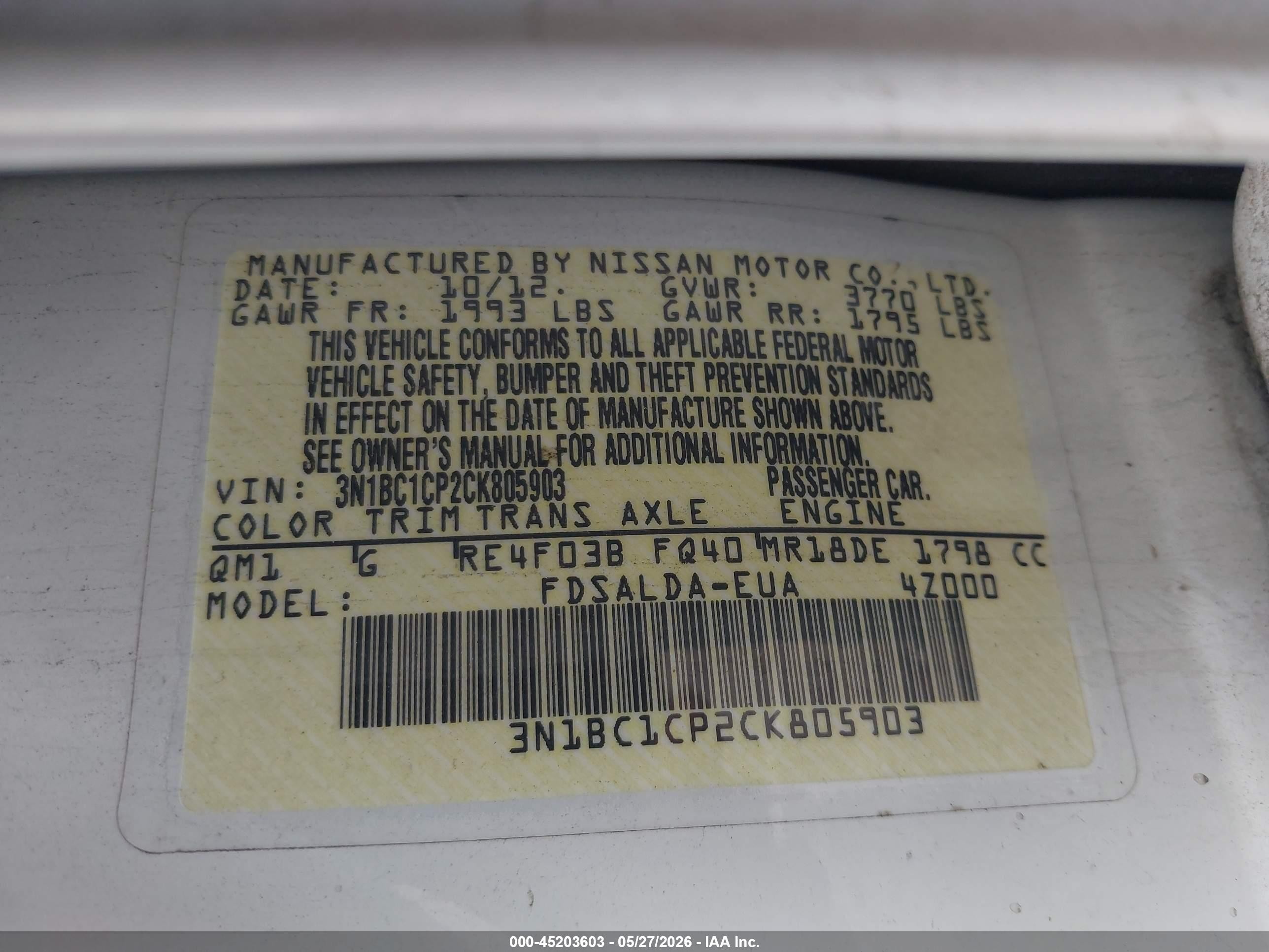 2012 Nissan Versa 1.8 S White vin: 3N1BC1CP2CK805903