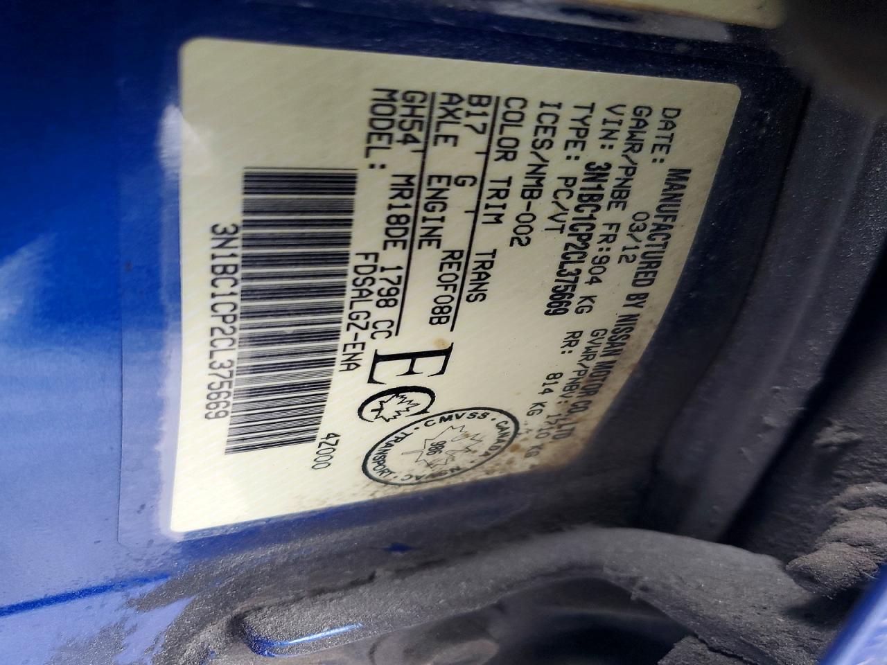 2012 Nissan Versa 1.8 S Blue vin: 3N1BC1CP2CL375669