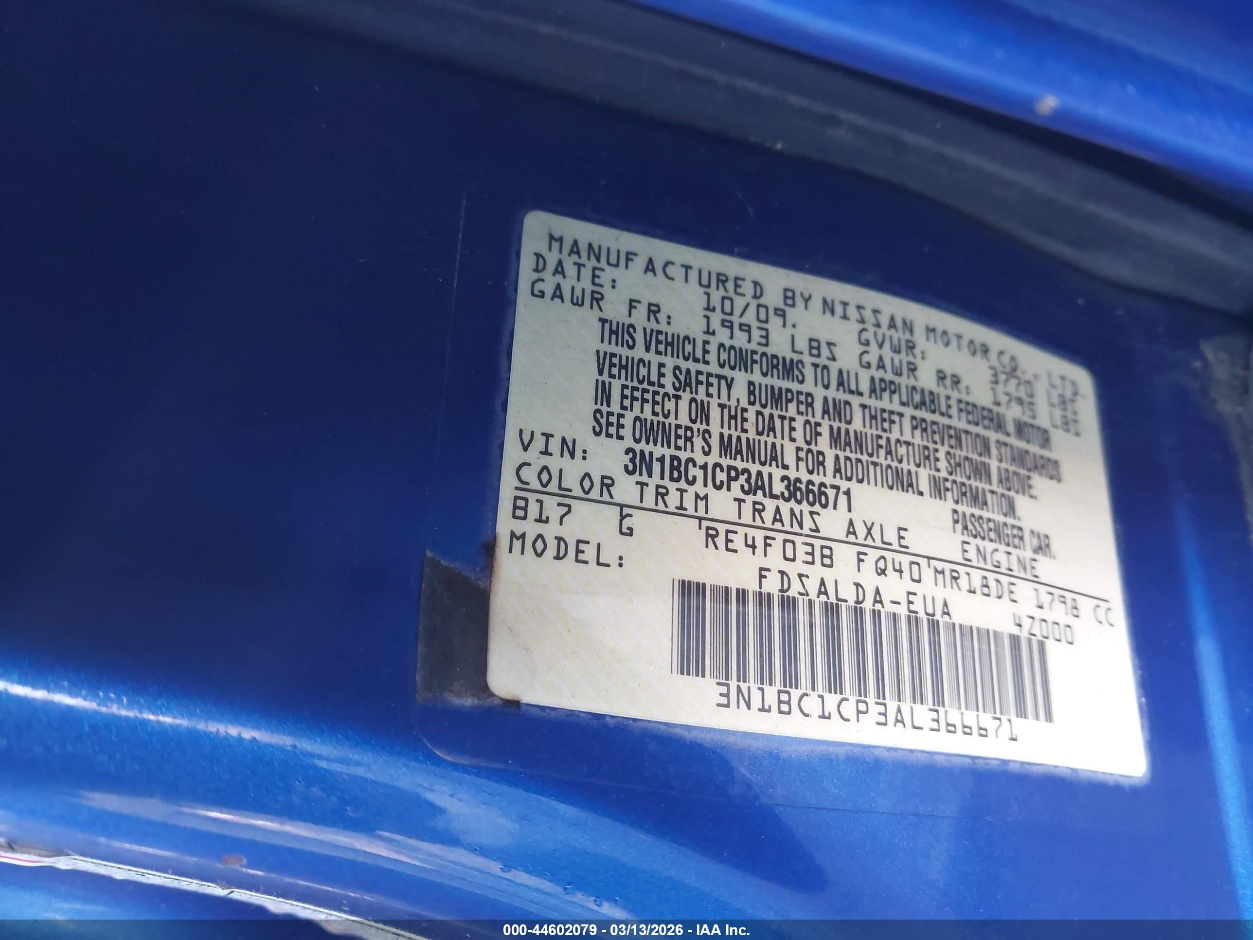 2010 Nissan Versa 1.8s Blue vin: 3N1BC1CP3AL366671
