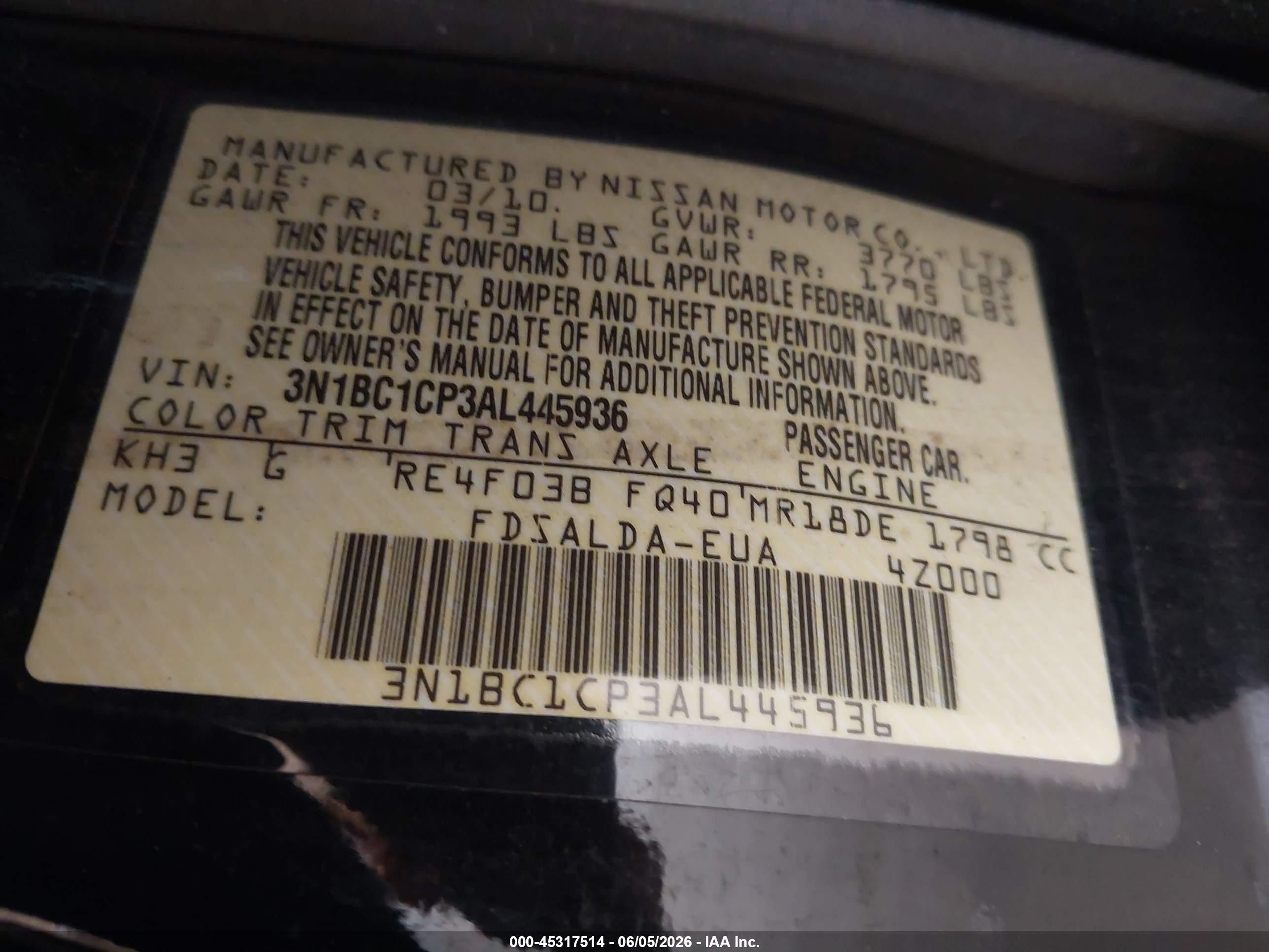 2010 Nissan Versa 1.8s Черный vin: 3N1BC1CP3AL445936