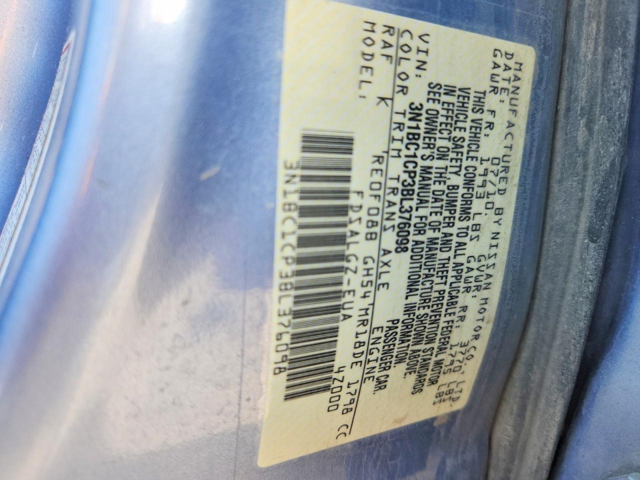 2011 Nissan Versa 1.8 S Blue vin: 3N1BC1CP3BL376098