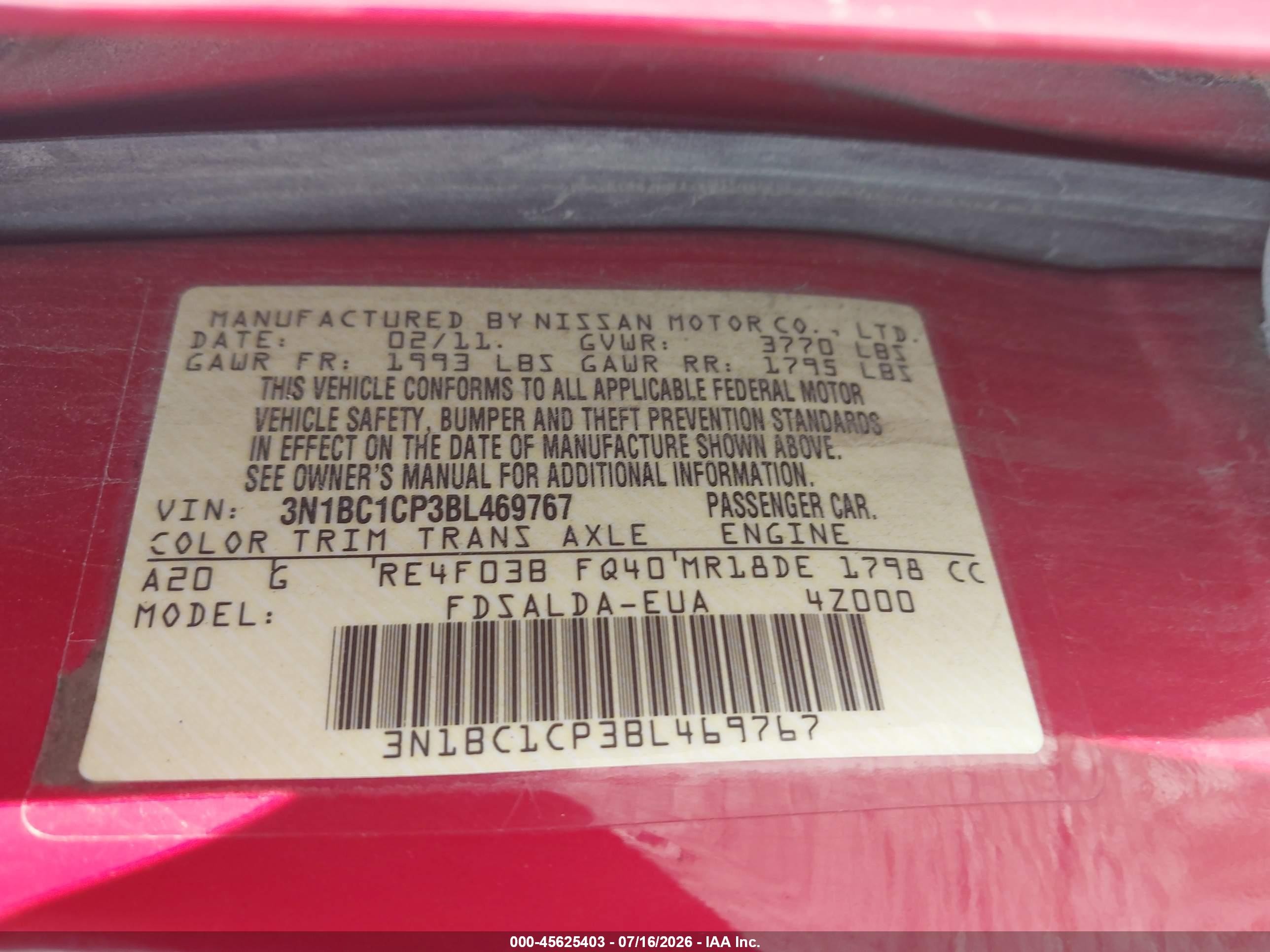 2011 Nissan Versa 1.8s Red vin: 3N1BC1CP3BL469767