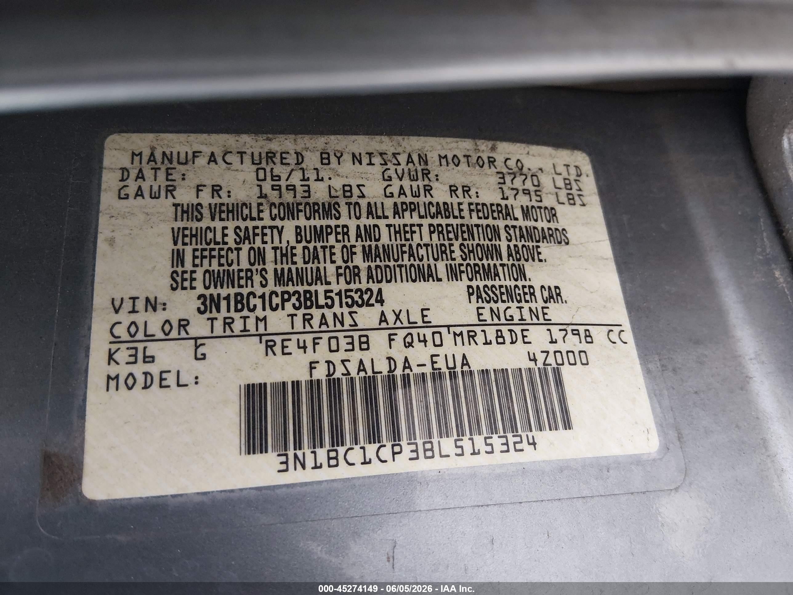 2011 Nissan Versa 1.8s Серебряный vin: 3N1BC1CP3BL515324