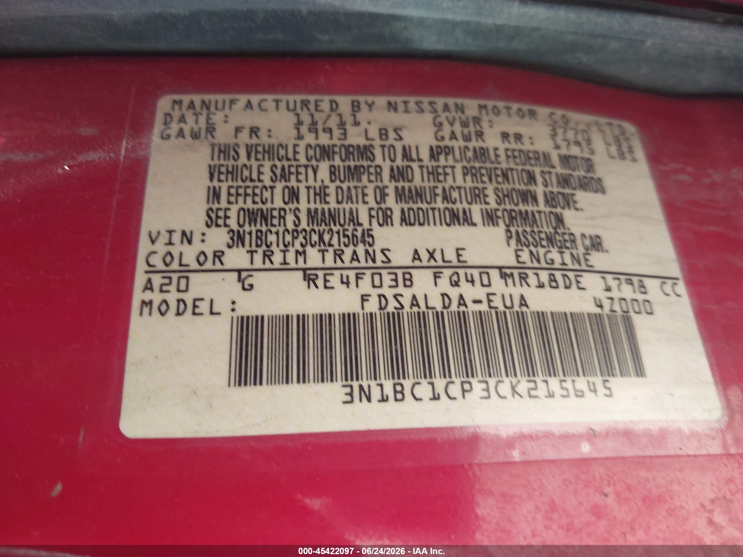 2012 Nissan Versa 1.8 S Red vin: 3N1BC1CP3CK215645