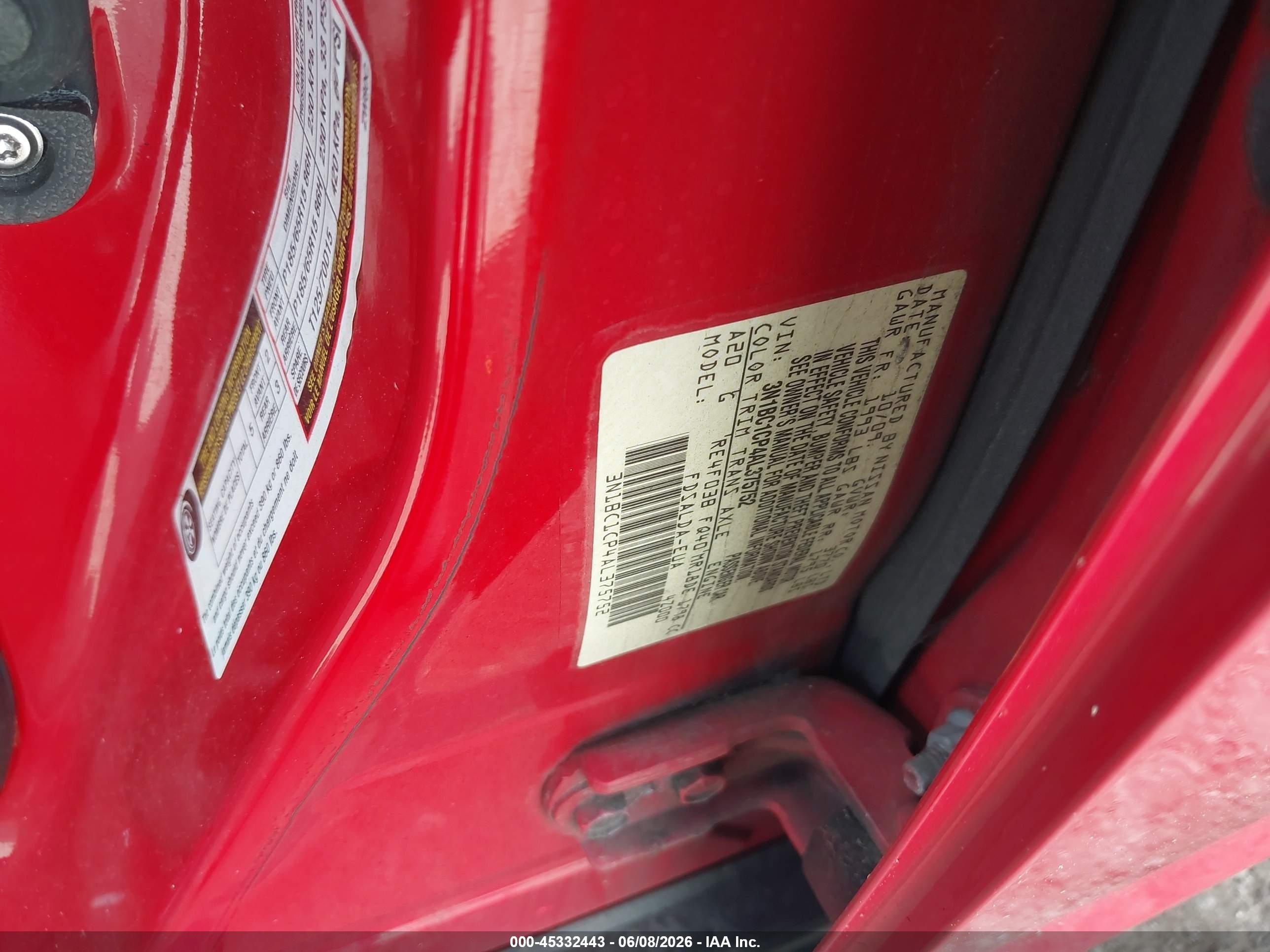 2010 Nissan Versa 1.8s Red vin: 3N1BC1CP4AL375752