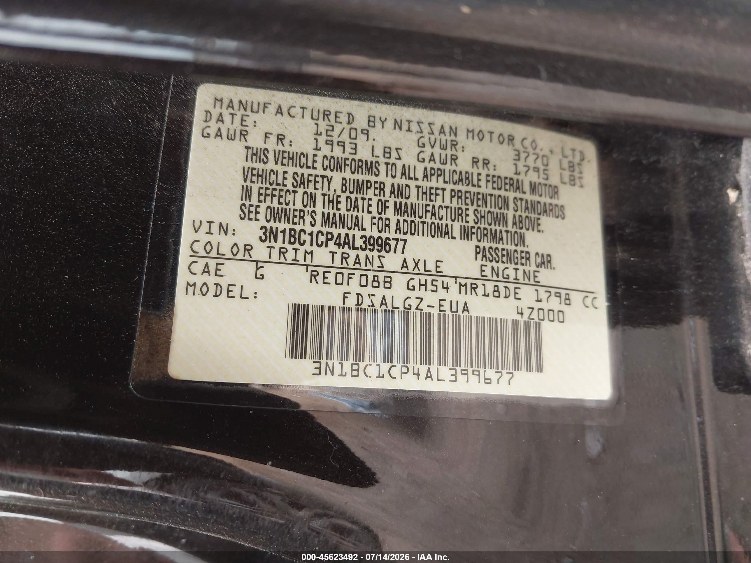2010 Nissan Versa 1.8sl Black vin: 3N1BC1CP4AL399677