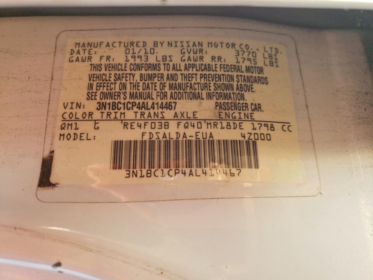 2010 Nissan Versa 1.8 S White vin: 3N1BC1CP4AL414467