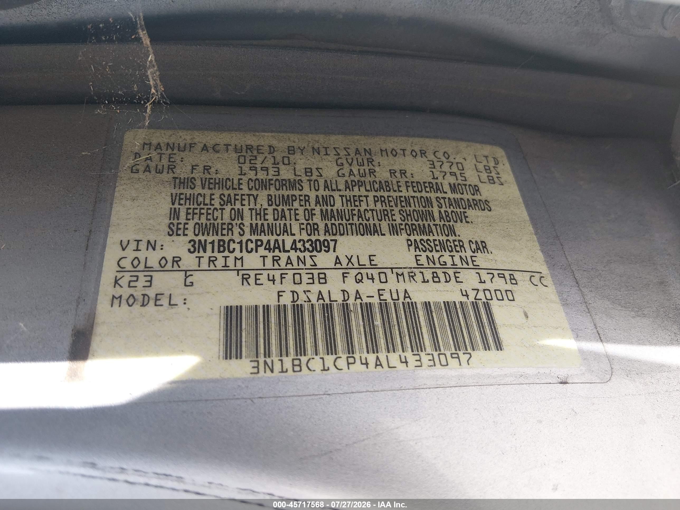 2010 Nissan Versa 1.8s Silver vin: 3N1BC1CP4AL433097
