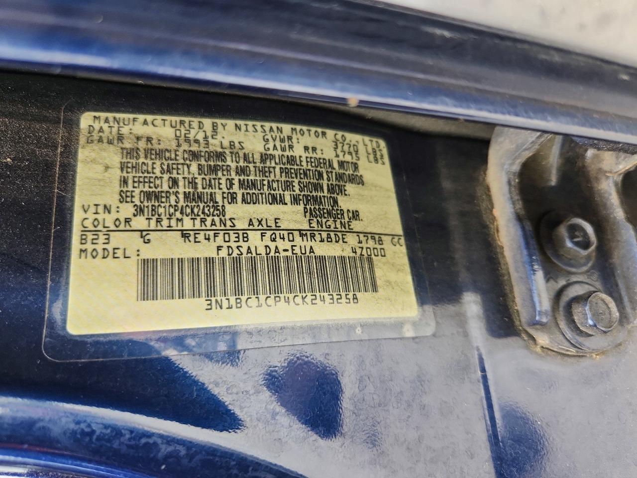 2012 Nissan Versa 1.8 S Blue vin: 3N1BC1CP4CK243258