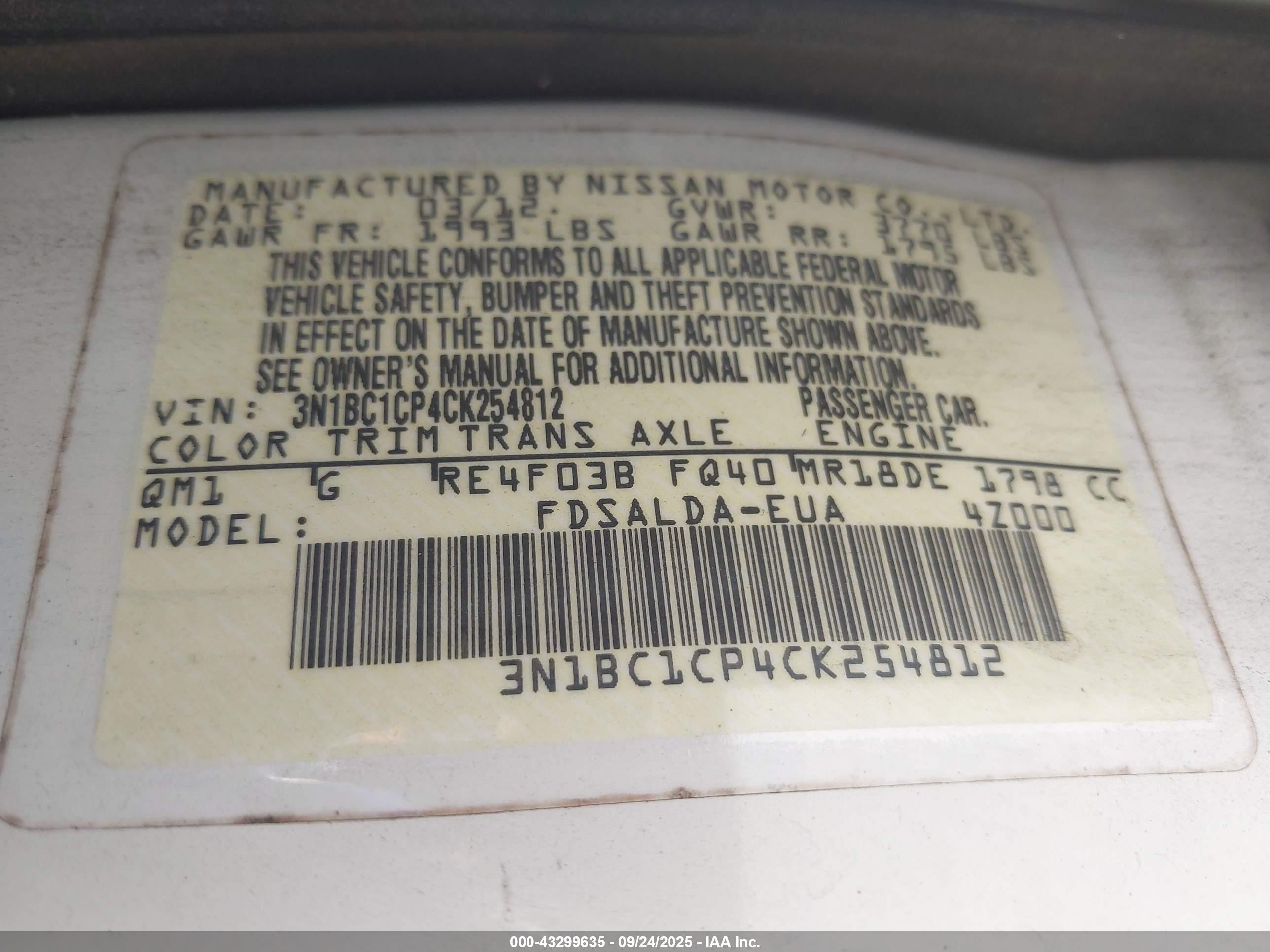 2012 Nissan Versa 1.8 S White vin: 3N1BC1CP4CK254812