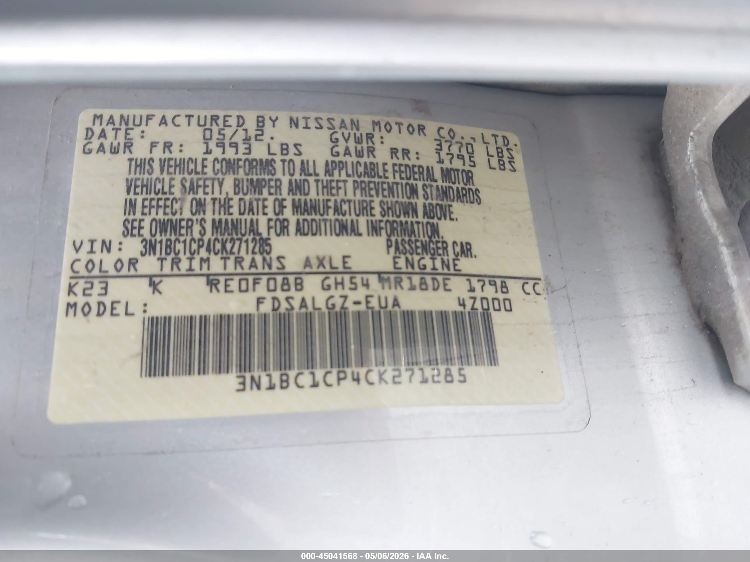2012 Nissan Versa 1.8 Sl Серебряный vin: 3N1BC1CP4CK271285