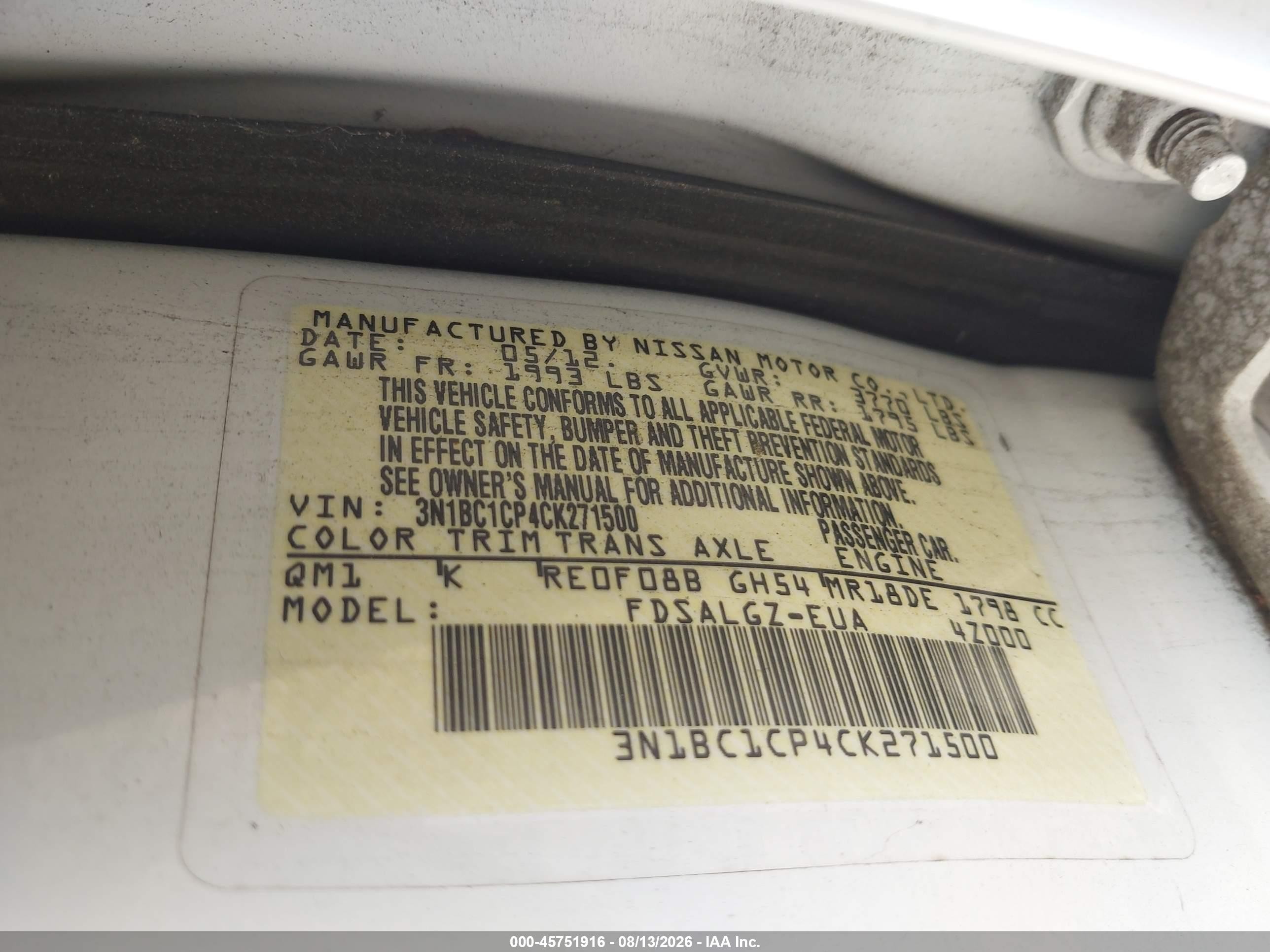 2012 Nissan Versa 1.8 Sl White vin: 3N1BC1CP4CK271500