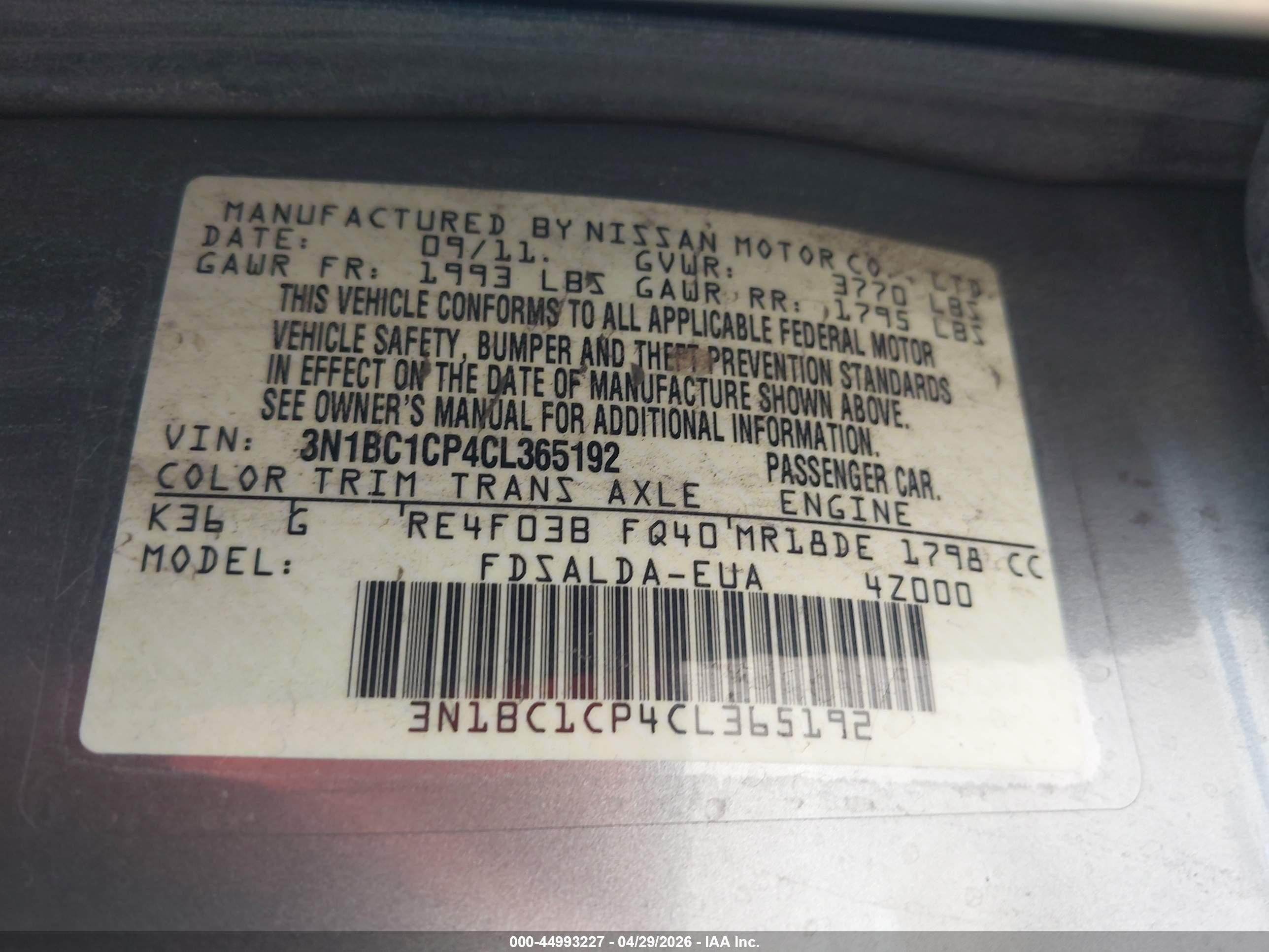 2012 Nissan Versa 1.8 S Black vin: 3N1BC1CP4CL365192