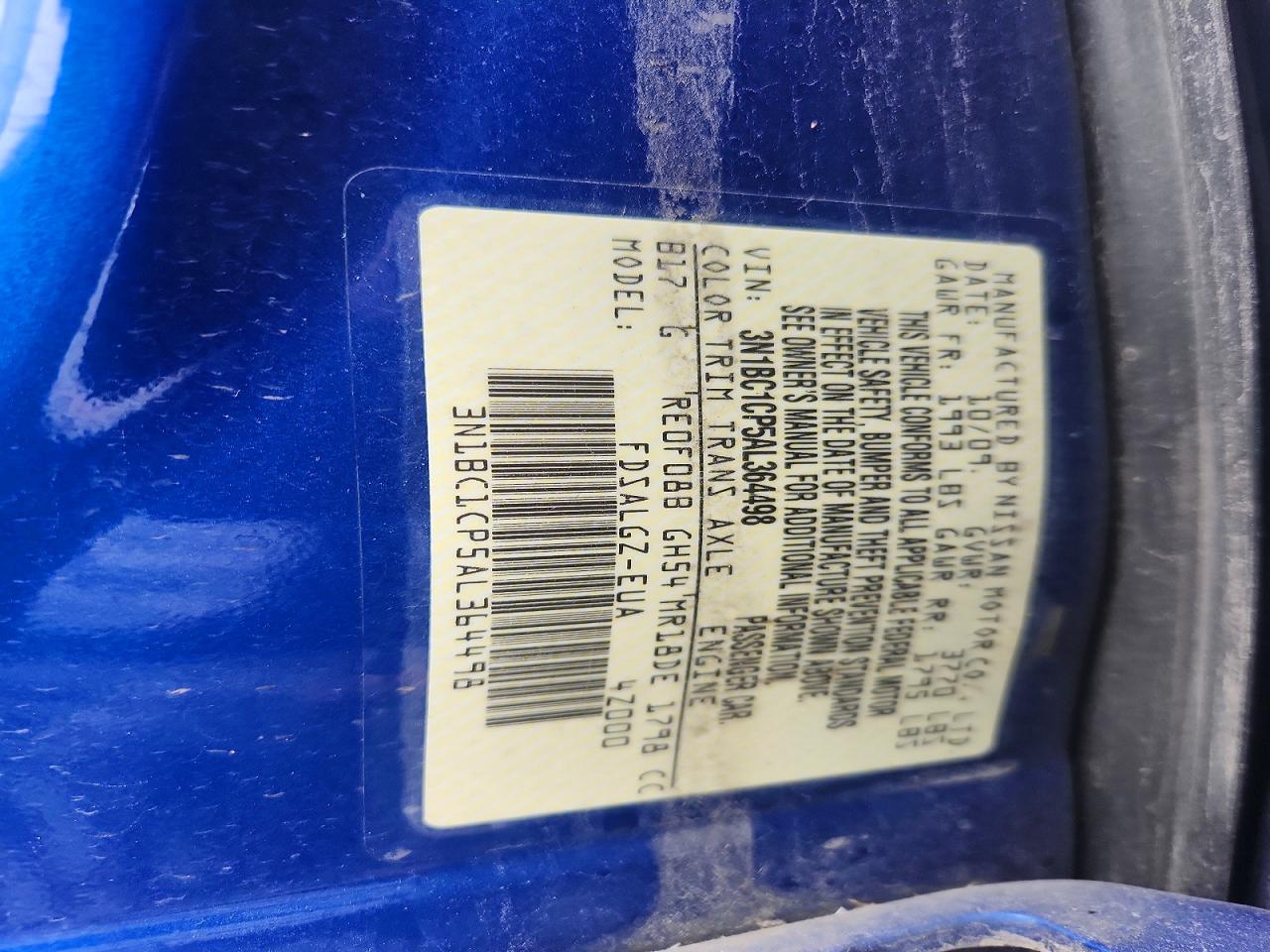 2010 Nissan Versa S/sl Синий vin: 3N1BC1CP5AL364498